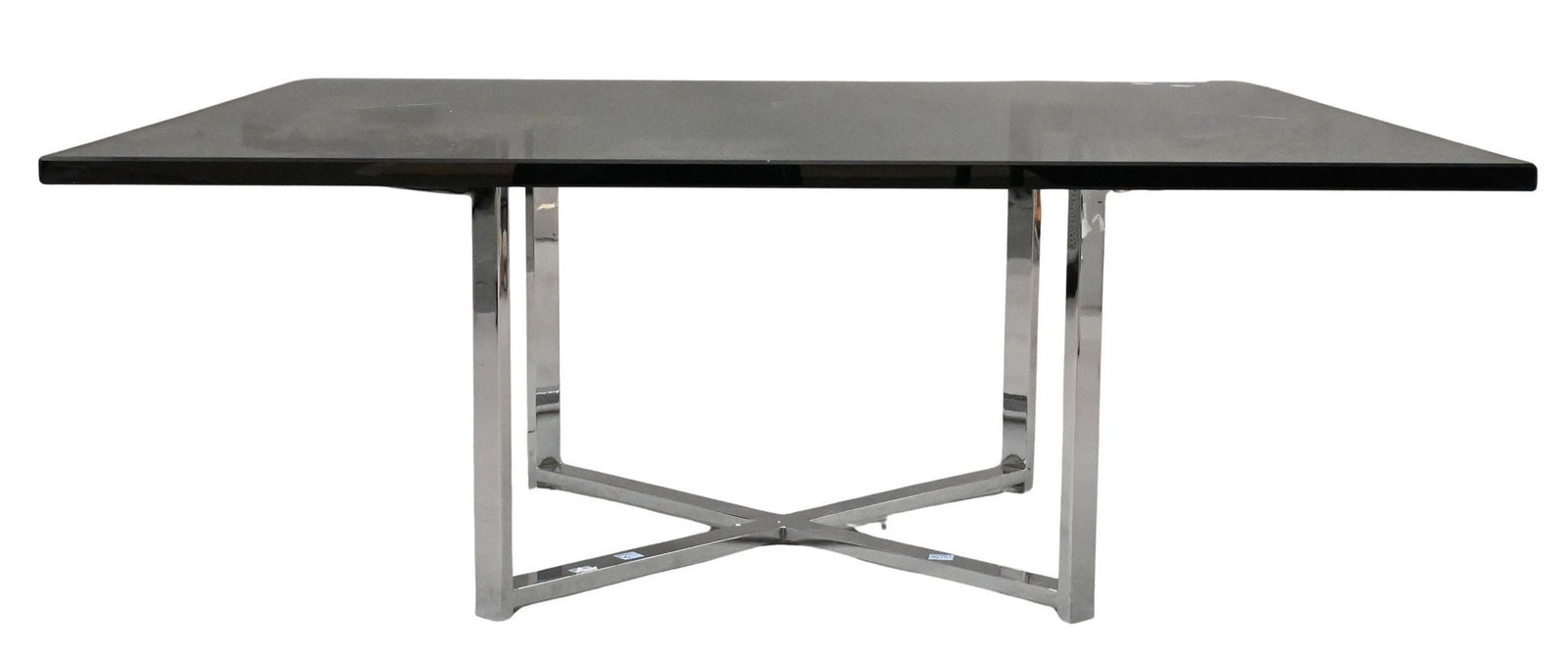 Mid-Century Modern Style Glass Top Coffee Table: Mid-Century Modern Style Glass Top Coffee Table having square glass set on "X" stretcher base height 15 inches, top 39 3/4" x 39 3/4"