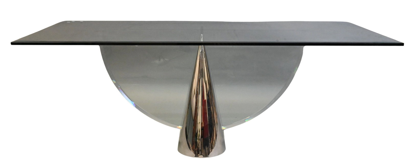 Brueton Eclipse Glass Top Dining Table: Brueton Eclipse Glass Top Dining Table having rectangular beveled glass top set on chrome and glass pedestal base glass with chip to corner height 29 inches, top 42" x 84"