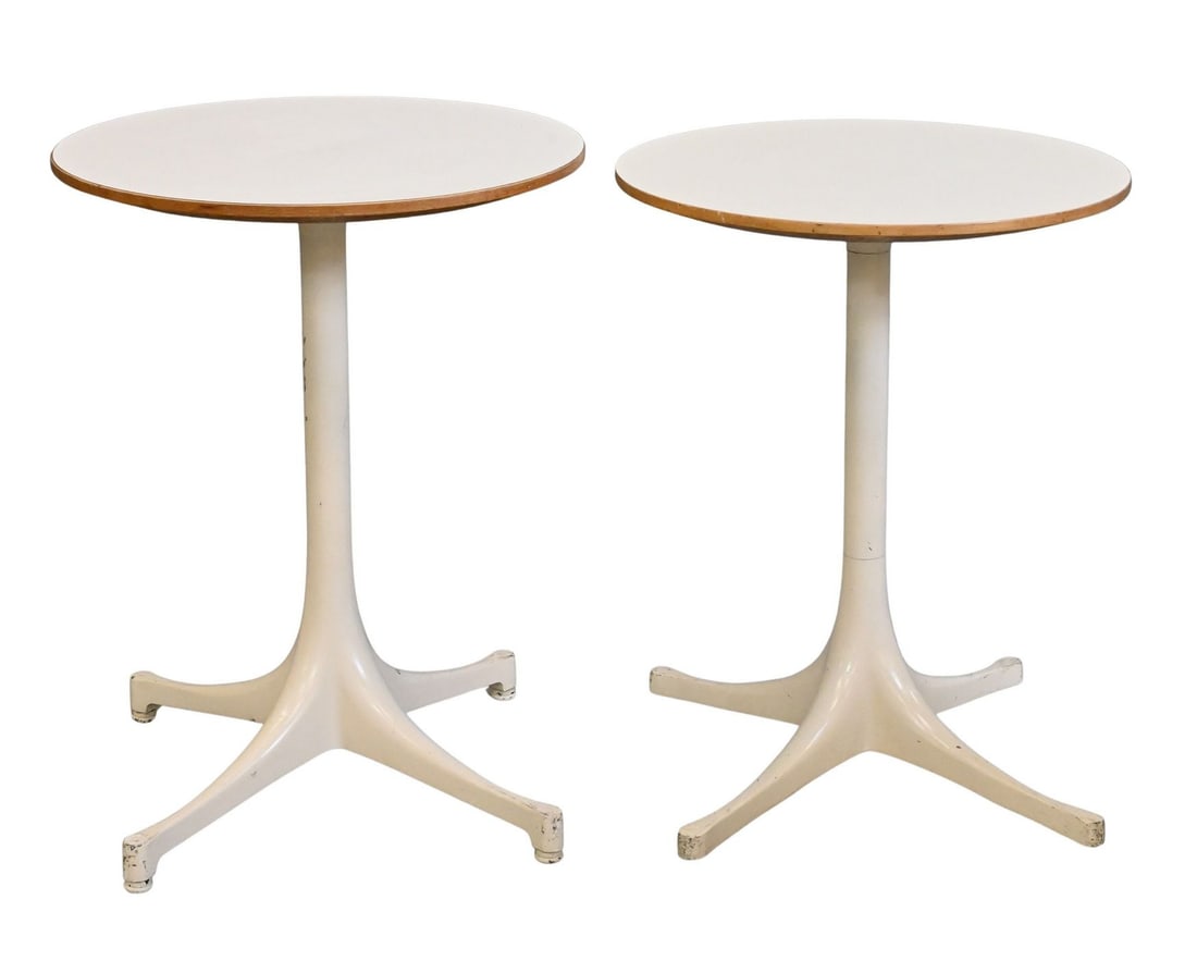 Pair of George Nelson for Herman Miller Pedestal Side Tables: Pair of George Nelson for Herman Miller Pedestal Side Tables model 545l, having enameled aluminum base, one having Herman Miller mark to base height 21 inches, diameter 17 inches Reference: Current co