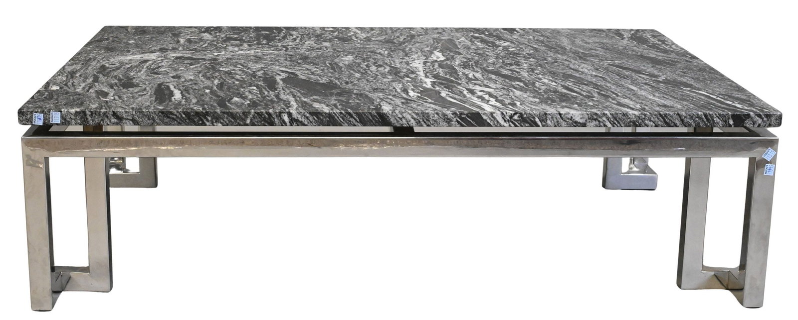 Greek Key Mid-Century Modern Marble Top Table: Greek Key Mid-Century Modern Marble Top Table having poured slab top set on rectangular chrome base height 15 inches, 34" x 52"