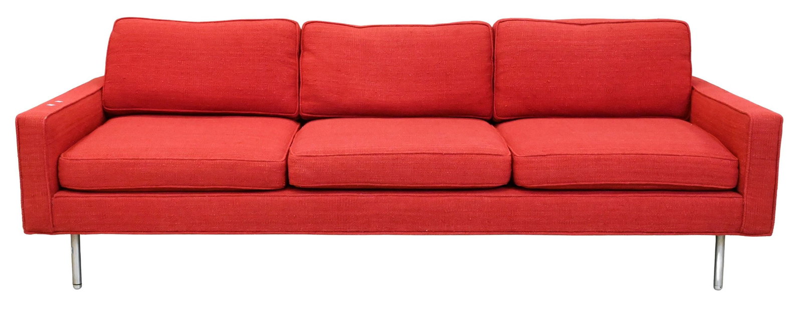 Mid-Century Modern Three Seat Upholstered Sofa: Mid-Century Modern Three Seat Upholstered Sofa possibly Rialto, set on four chrome legs height 27 inches, length 65 inches, depth 32 inches