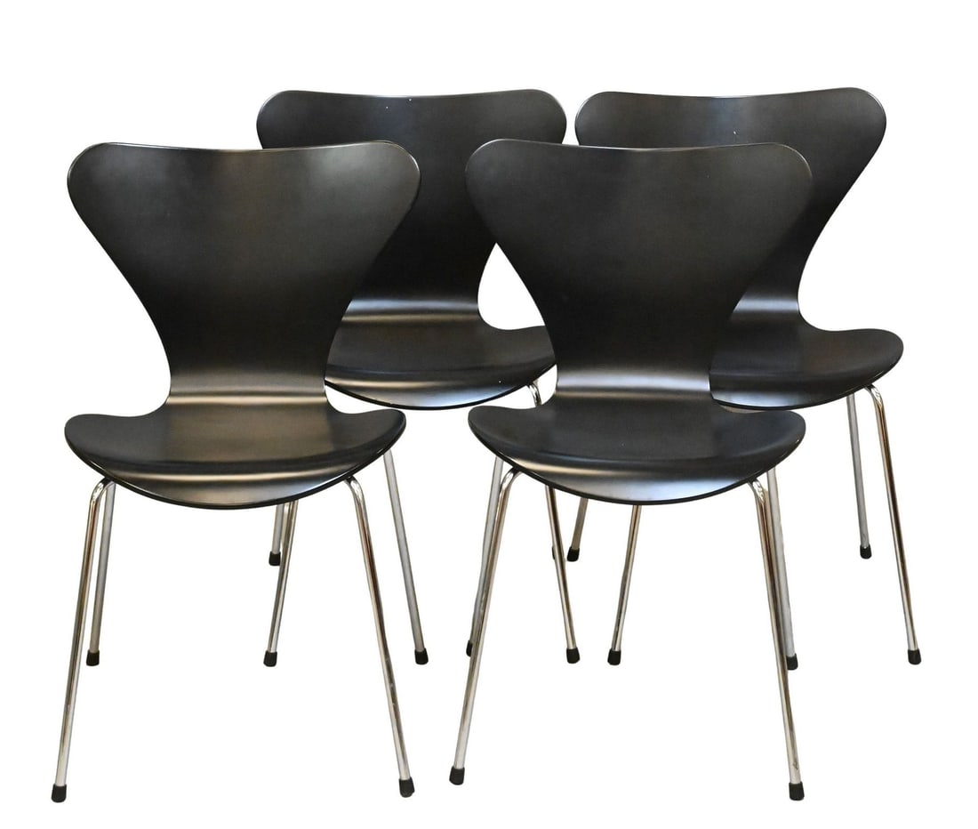 Set of Four Fritz Hansen "Series 7" Chairs Designed by Arne Jacobsen: Set of Four Fritz Hansen "Series 7" Chairs Designed by Arne Jacobsen model 3107 in wood grain finish, each chair retails for $1,295/piece new height 30 1/2 inches