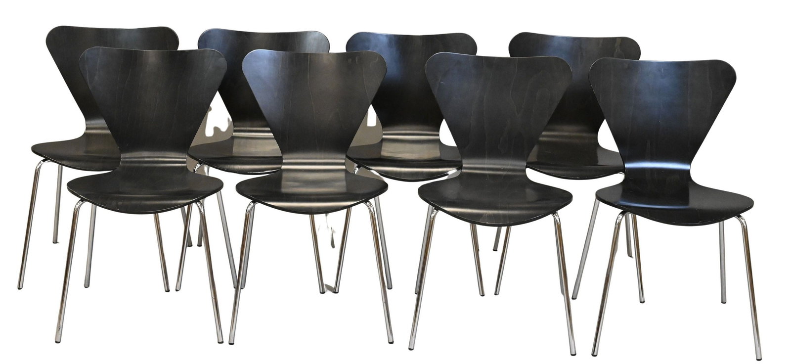 Set of Eight Fritz Hansen "Series 7" Chairs Designed by Arne Jacobsen: Set of Eight Fritz Hansen "Series 7" Chairs Designed by Arne Jacobsen model 3107 in wood grain finish, each chair retails for $1,295/piece new height 30 1/2 inches