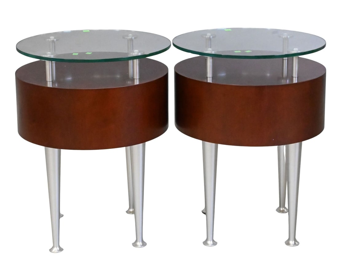 Pair of Modern Glass Top End Tables: Pair of Modern Glass Top End Tables set on cylindrical wooden bases height 24 inches, diameter 18 1/4 inches
