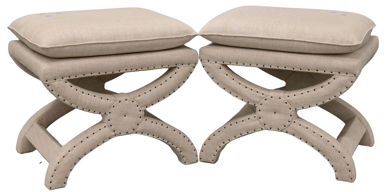 Pair of Restoration Hardware "Toscane" Nailhead Regency Style Upholstered Benches/ Stools: Pair of Restoration Hardware "Toscane" Nailhead Regency Style Upholstered Benches/ Stools height 21 inches, top 17 1/2" x 22"
