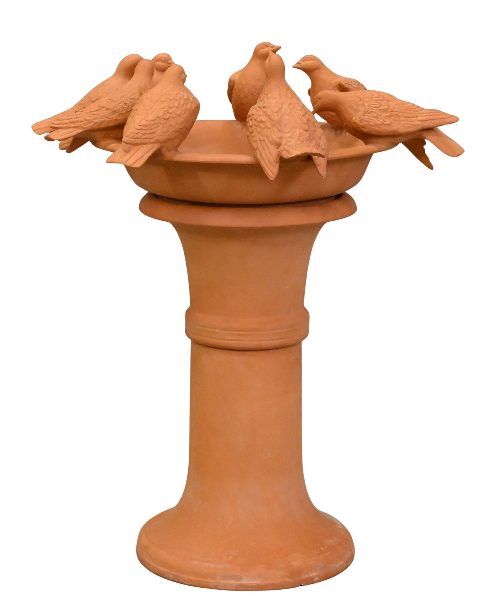 Terracotta Decorative Bird Foundation: Terracotta Decorative Bird Foundation having eight doves perched on dish top, set on pedestal base height 37 inches, diameter 29 inches