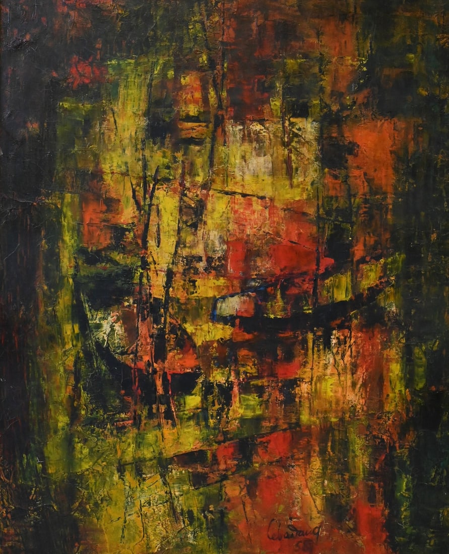 Lebadang (Vietnamese/French 1922-2015): Lebadang (Vietnamese/French 1922-2015) Untitled Composition in Yellow and Orange, 1955 Oil on canvas Signed and dated lower right Lebadang 55 26" x 22" canvas Provenance: Tribune Subway Gallery, New