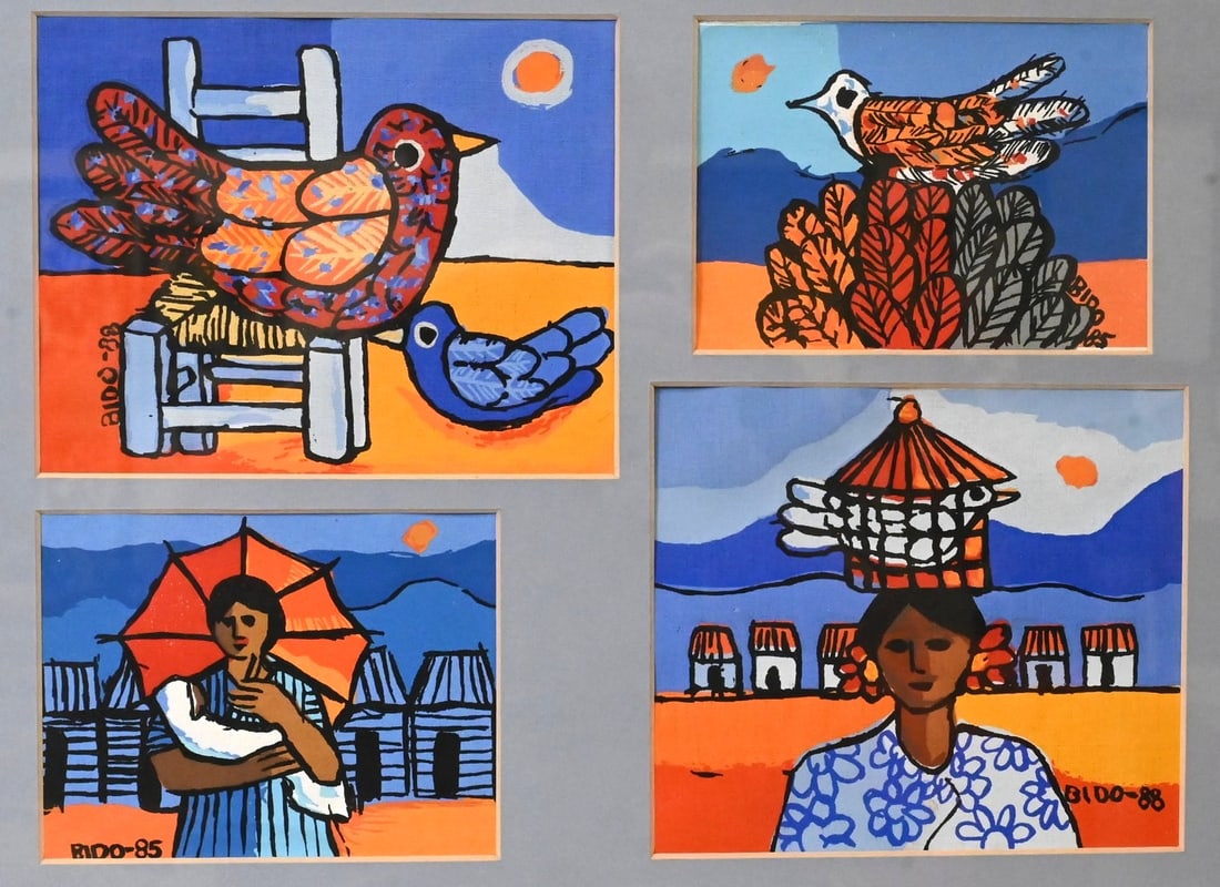 Four: Candido Bido (Dominican Republic 1936-2011): Four: Candido Bido (Dominican Republic 1936-2011) "Maternidad" Mother and Baby with Umbrella, 1985 "Bird Seller" Girl with Bird on her Head, 1988 Two Birds on a Chair, 1988 Bird on a Bed of Feathers,