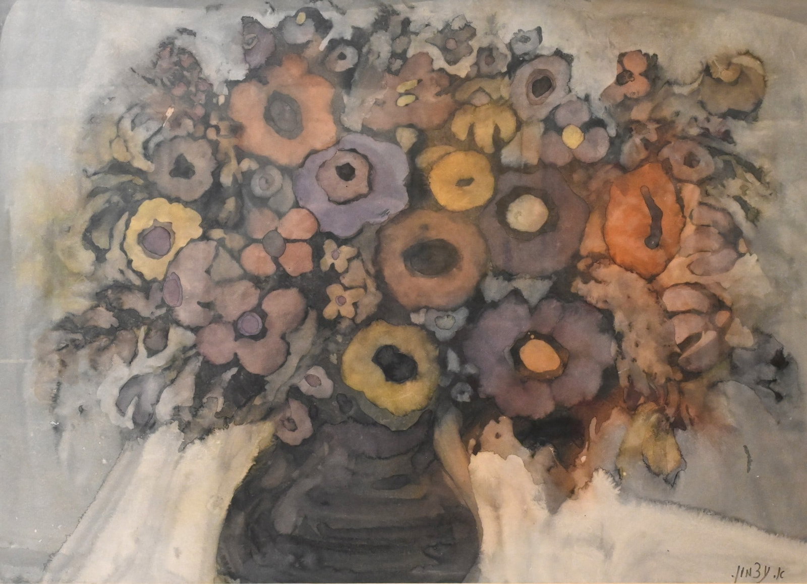 Avraham (Abraham) Azmon (Israeli 1916 - 2008): Avraham (Abraham) Azmon (Israeli 1916 - 2008) Bouquet of Flowers Watercolor on paper laid on cardboard Signed lower right in Hebrew 18 1/2" x 26" sight