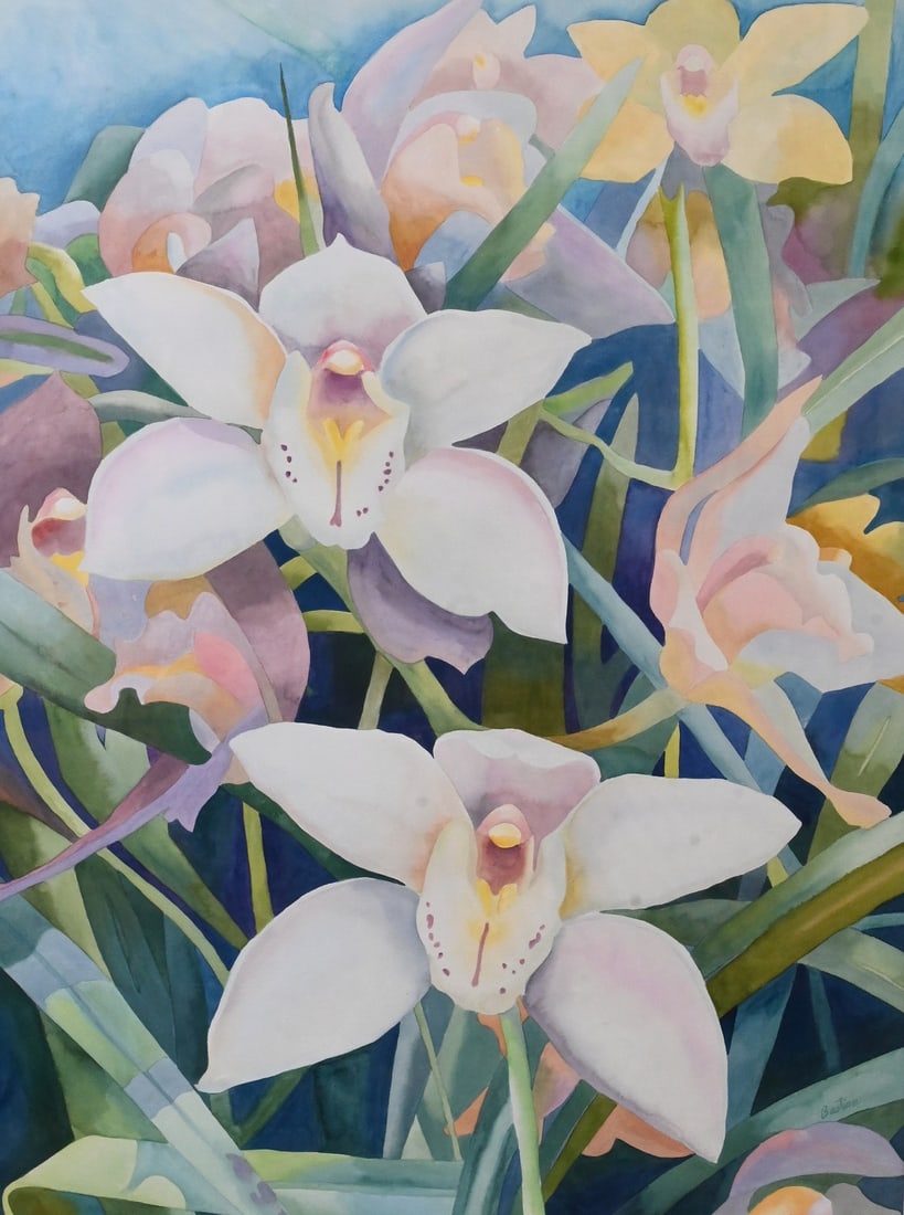 Linda Bastian (American 20th/21st Century): Linda Bastian (American 20th/21st Century) "Two White Orchids",1992 Watercolor on paper Signed lower right Bastian, signed titled and dated verso, along with gallery labels 34" x 26" sheet, 41" x 32