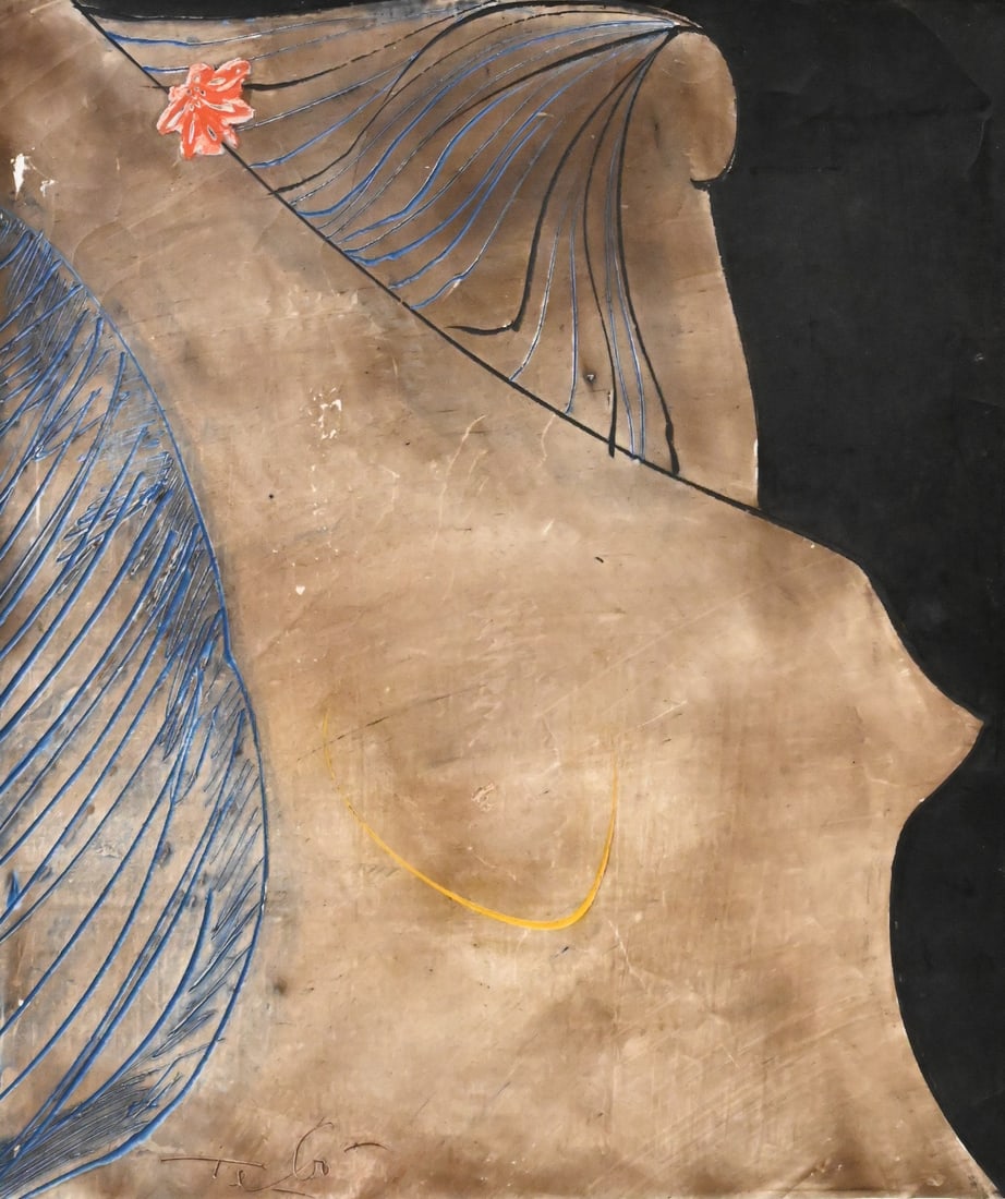 Sacha "Tebo" Thebaud (Haitian 1934-2004): Sacha "Tebo" Thebaud (Haitian 1934-2004) Nude Caribbean Woman with Flower Oil, encaustic wax on canvas Signed lower left Tebo 14" x 12"