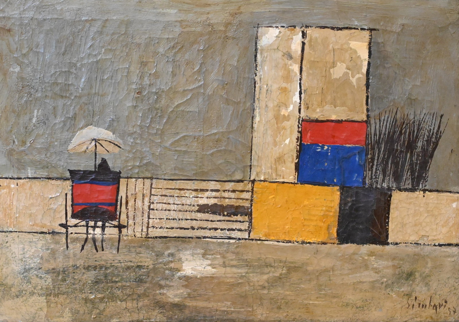 Nicola Simbari (Italian 1927-2012): Nicola Simbari (Italian 1927-2012) Composition with Beach Chair and Umbrella, 1957 Oil on canvas Signed and dated lower right Simbari '57 14" x 19 1/2" canvas