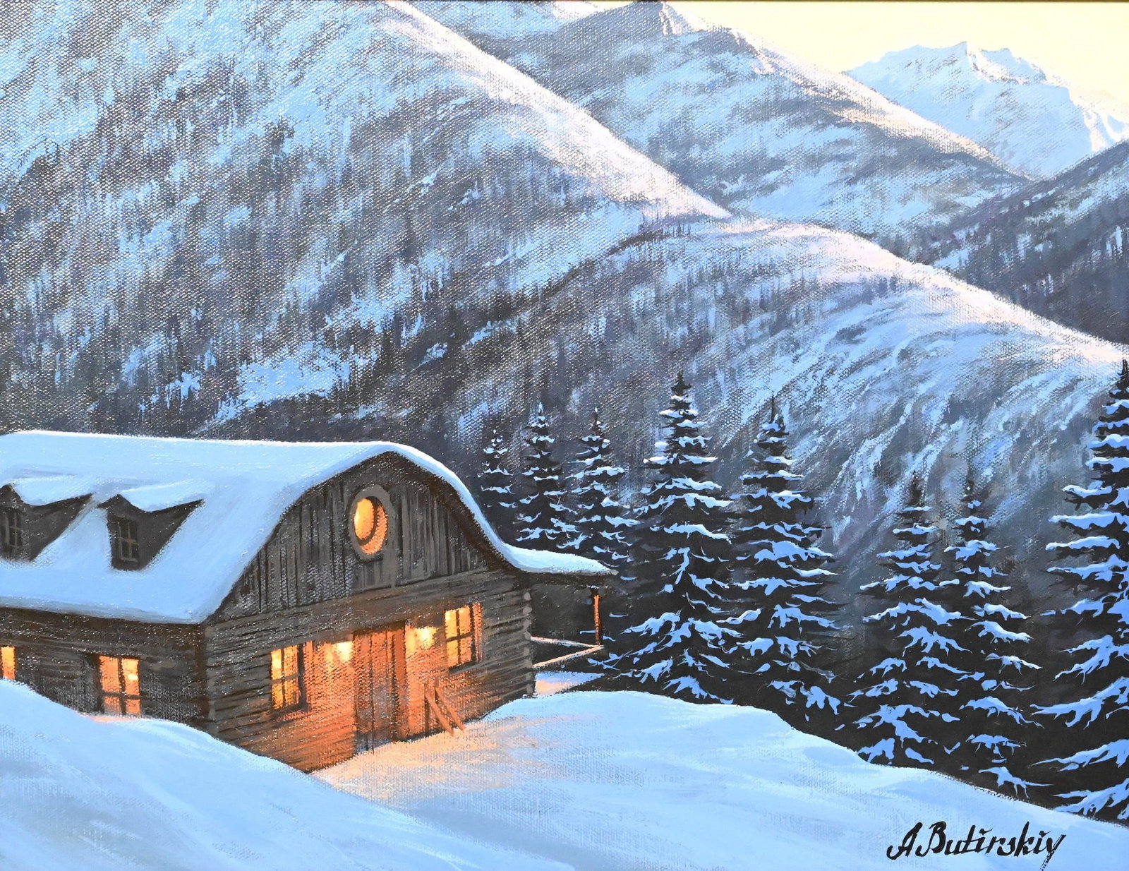 Alexei Butirskiy (Russian B.1974): Alexei Butirskiy (Russian B.1974) "Majestic Mountains" Oil on canvas Signed lower right A.Butirskiy, titled verso 13" x 17" sight, 21" x 25" frame From the Estate of Robyn Gebroe, West Orange, NJ