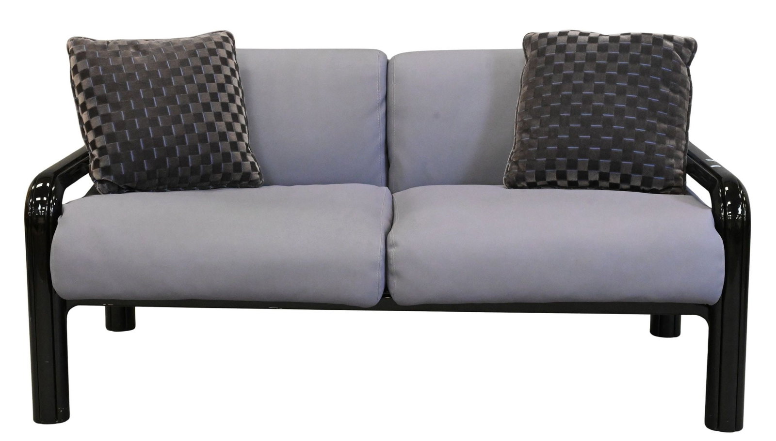 Gae Aulenti for Knoll Loveseat: Gae Aulenti for Knoll Loveseat having two seats and enameled steel tube frame, having Knoll patterned cushions height 30 inches, length 60 inches