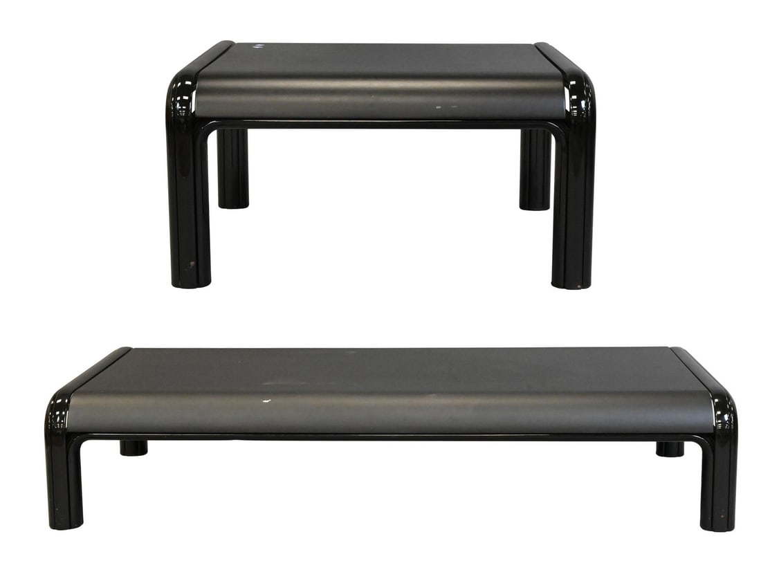 Gae Aulenti for Knoll Coffee and End Tables: Gae Aulenti for Knoll Coffee and End Tables having enameled steel frames, marked on underside "Made in Italy" height 13 and 17 1/2 inches, top 34" x 64" and 33" x 34"