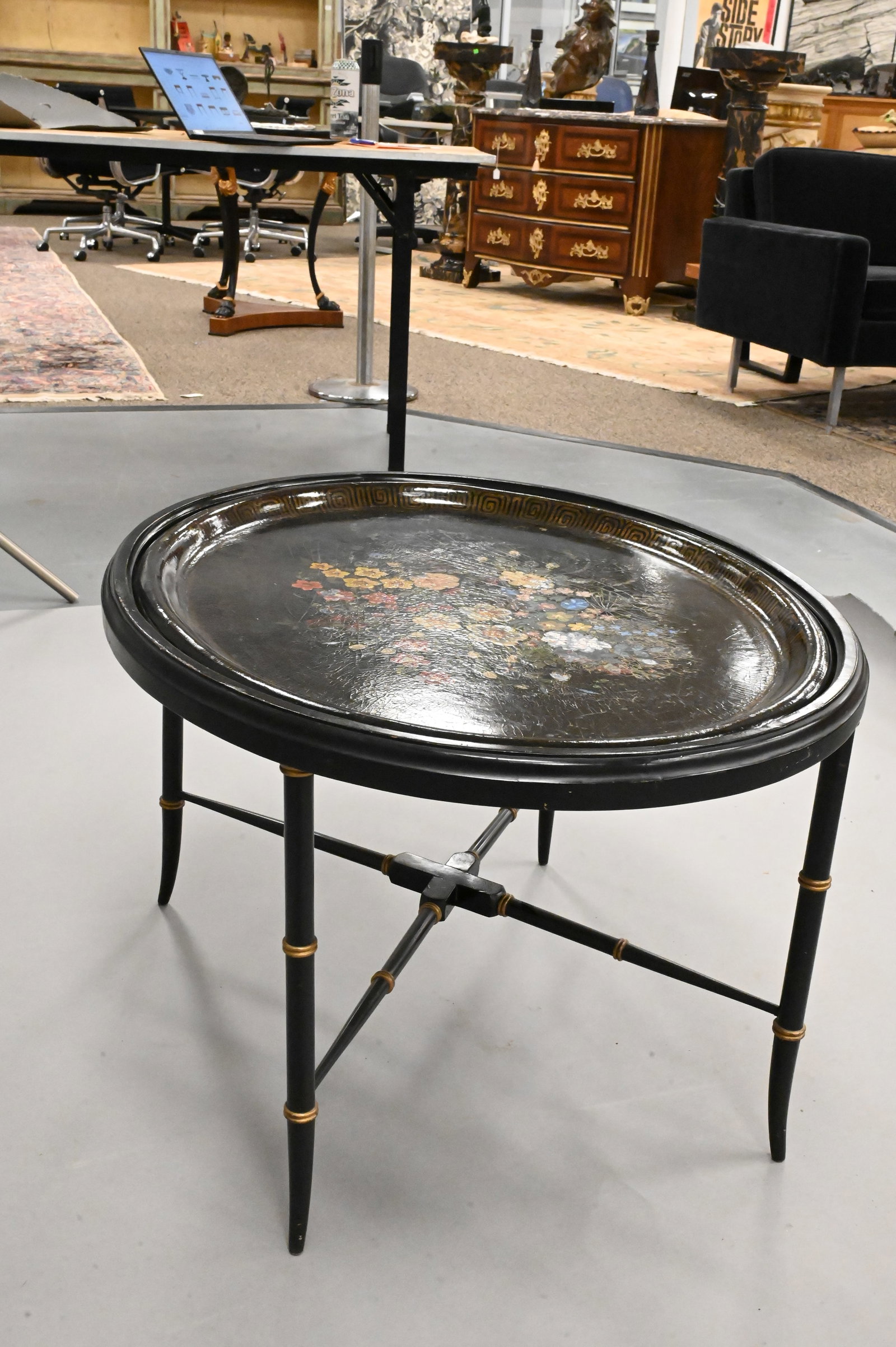 Black Painted Floral Tray Table - 3