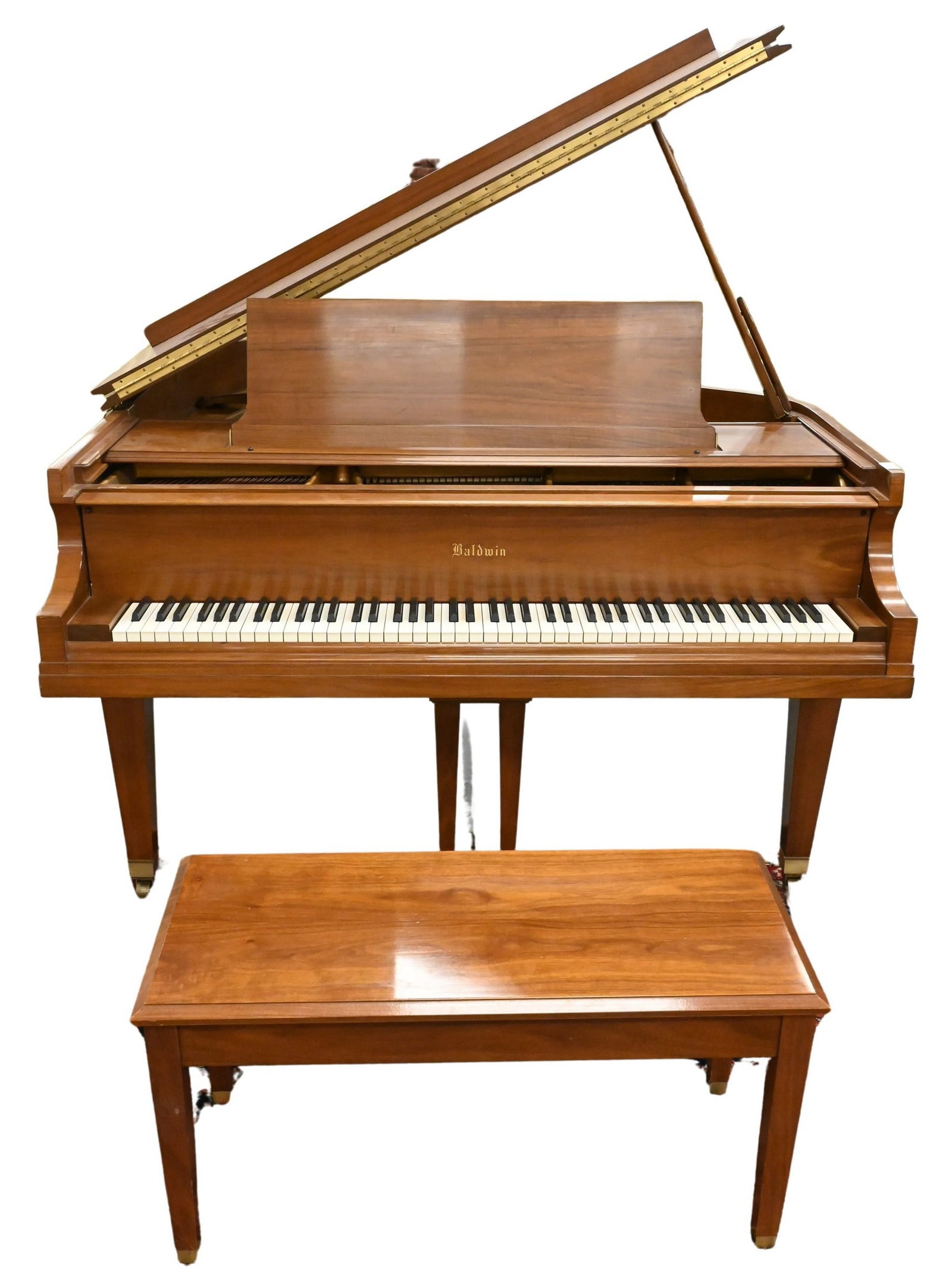 Baldwin Mahogany Baby Grand Piano and Bench: Baldwin Mahogany Baby Grand Piano and Bench serial number M132664 width 57 inches, depth 62 inches