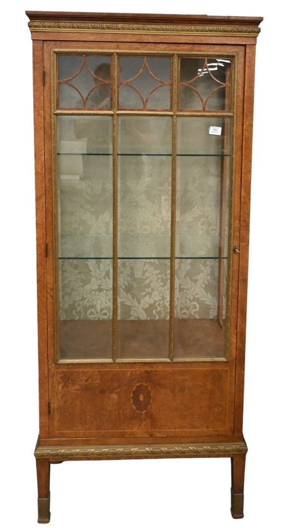 Burlwood Inlaid China Cabinet: Burlwood Inlaid China Cabinet having beveled glass door opening to two interior glass shelves and having upholstered decorative interior back, base as is, need to be made structurally sound height 68