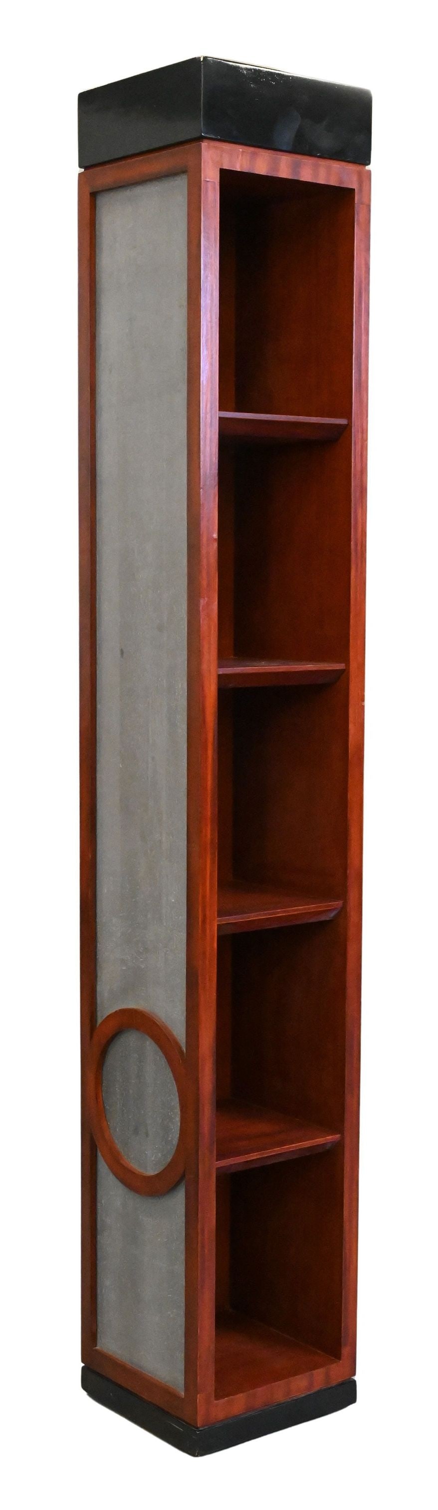 Modern Narrow Bookcase/Shelving Unit: Modern Narrow Bookcase/Shelving Unit having silver paneled sides height 79 1/4 inches, width 12 1/4 inches, depth 12 1/4 inches