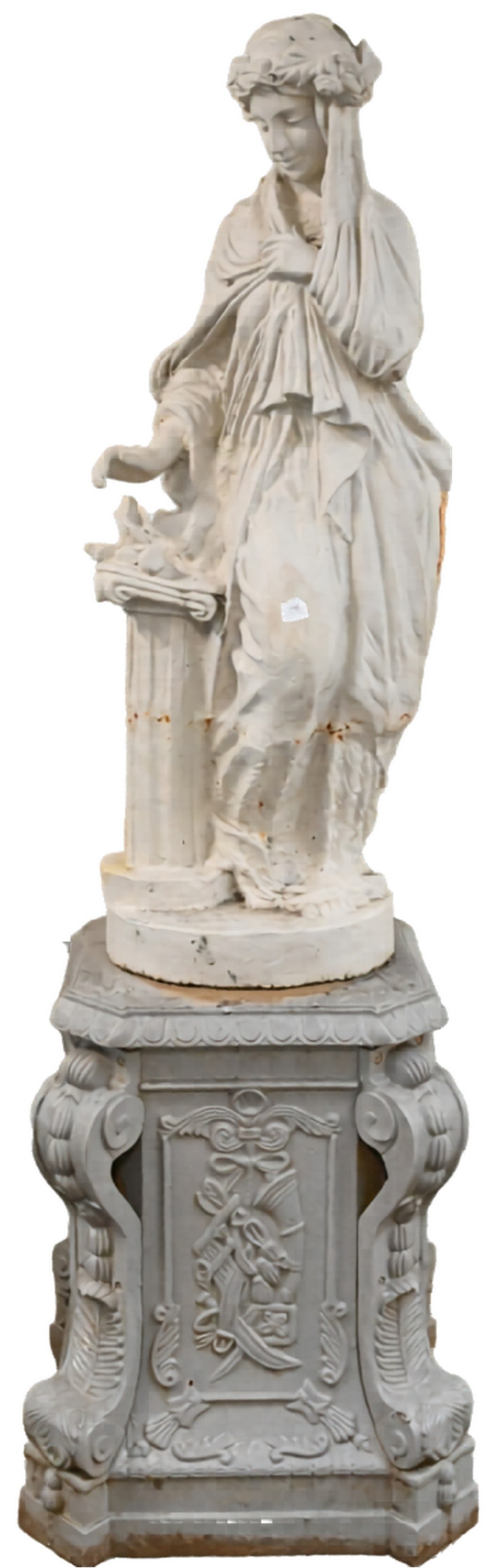 Iron Outdoor Neoclassical Figure Set on Ornate Base: Iron Outdoor Neoclassical Figure Set on Ornate Base set on ornate base, depicting a draped female height figure 53 inches, total 85 inches