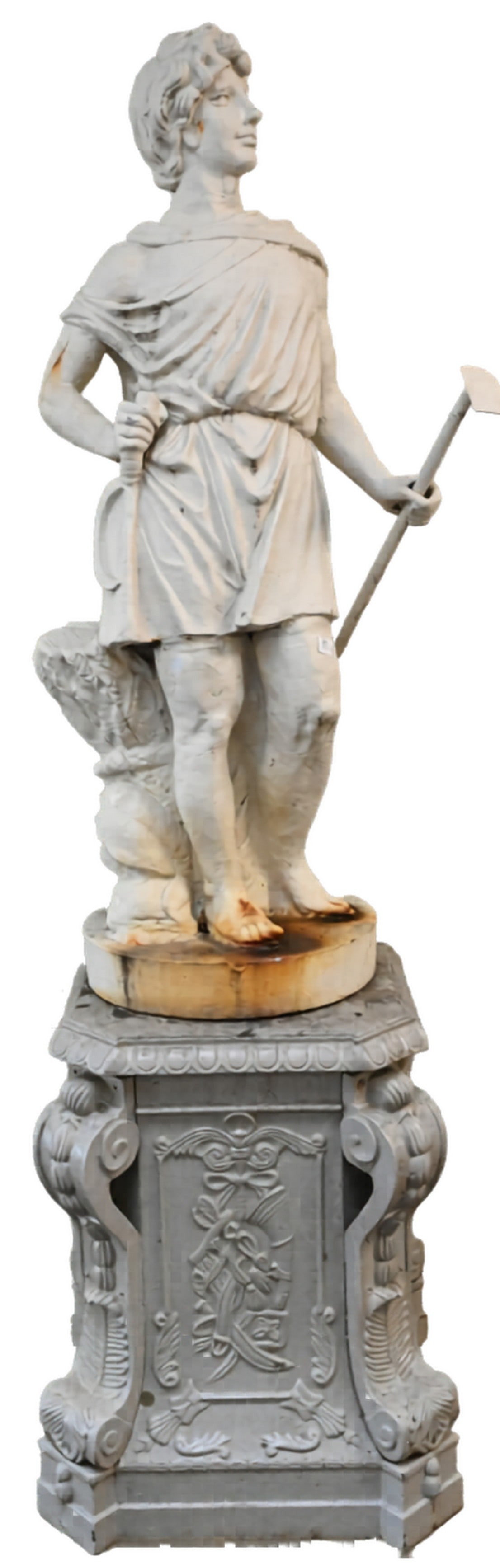 Outdoor Iron Neoclassical Figure Set on an Ornate Base: Iron Outdoor Neoclassical Figure Set on Ornate Base depicting a male farmer with a hoe and sickle height 57 inches, base 22" x 22", height 32 inches