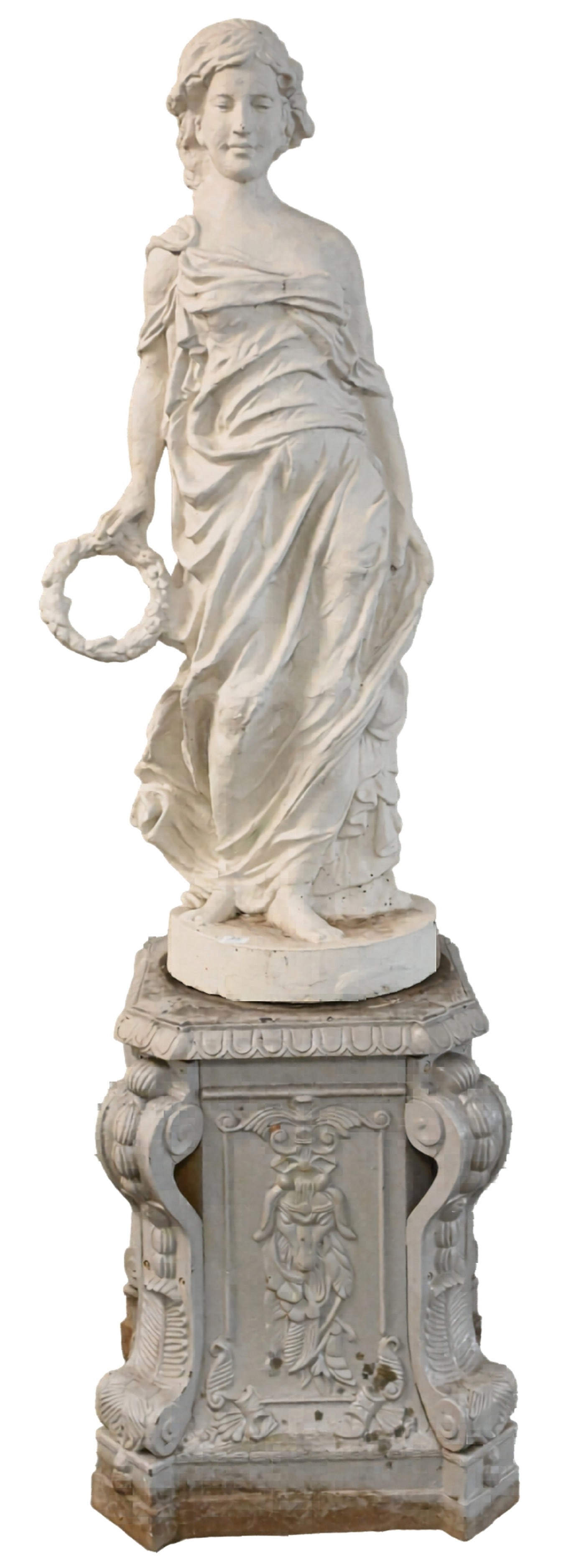 Outdoor Iron Neoclassical Figure Set on an Ornate Base: Outdoor Iron Neoclassical Figure Set on an Ornate Base depicting classically dressed woman holding a wreath height 54 inches, base 22" x 22", height 32 inches