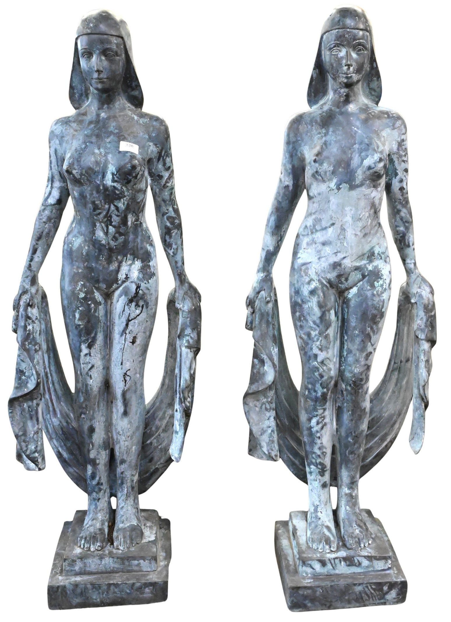 Pair of Art Deco Bronze Outdoor Classical Female Figures: Pair of Art Deco Bronze Outdoor Classical Female Figures height 48 inches, width 16 inches