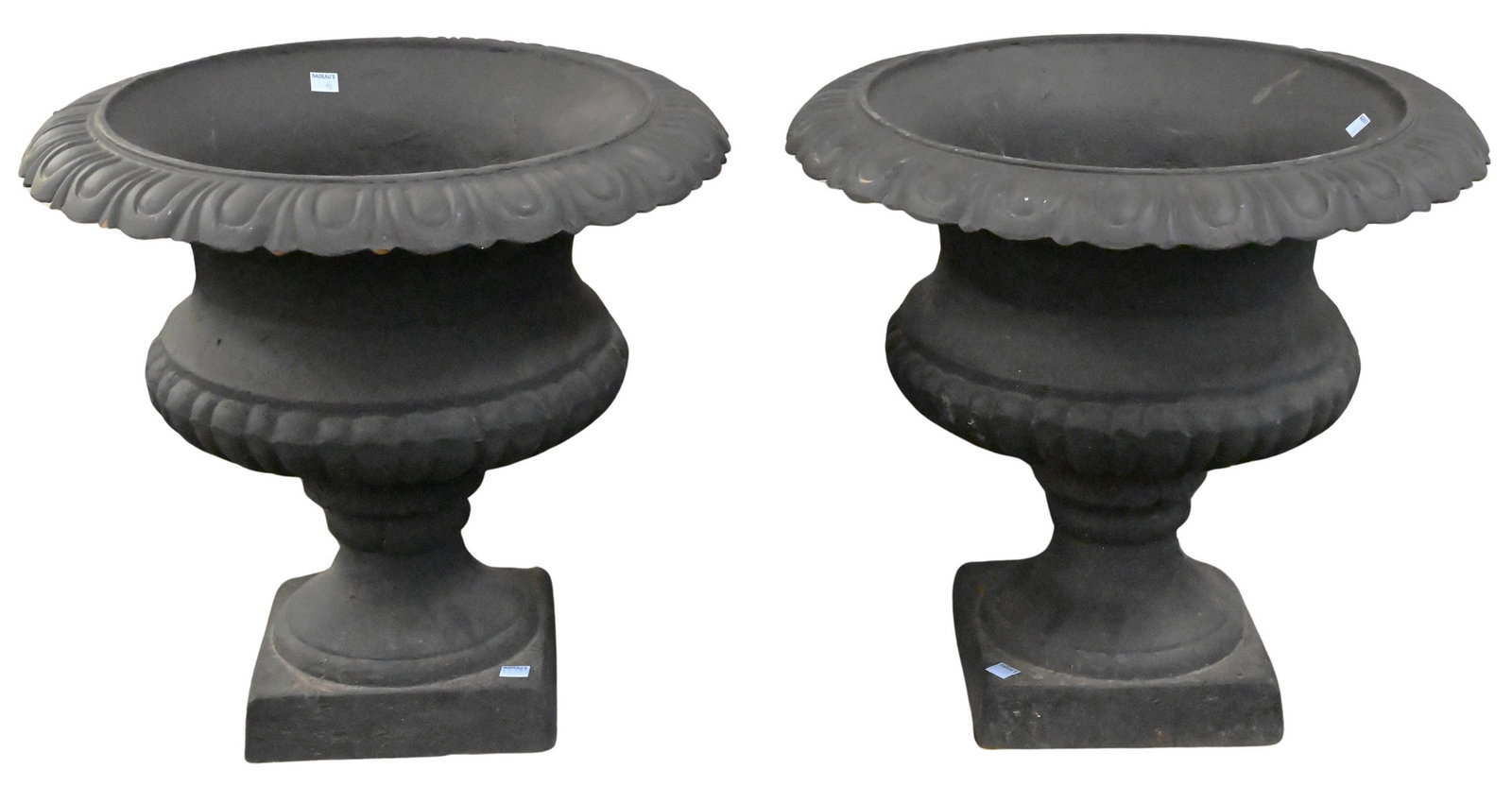 Pair of Outdoor Iron Urns: Pair of Outdoor Iron Urns having scalloped rim height 17 inches, diameter 18 inches