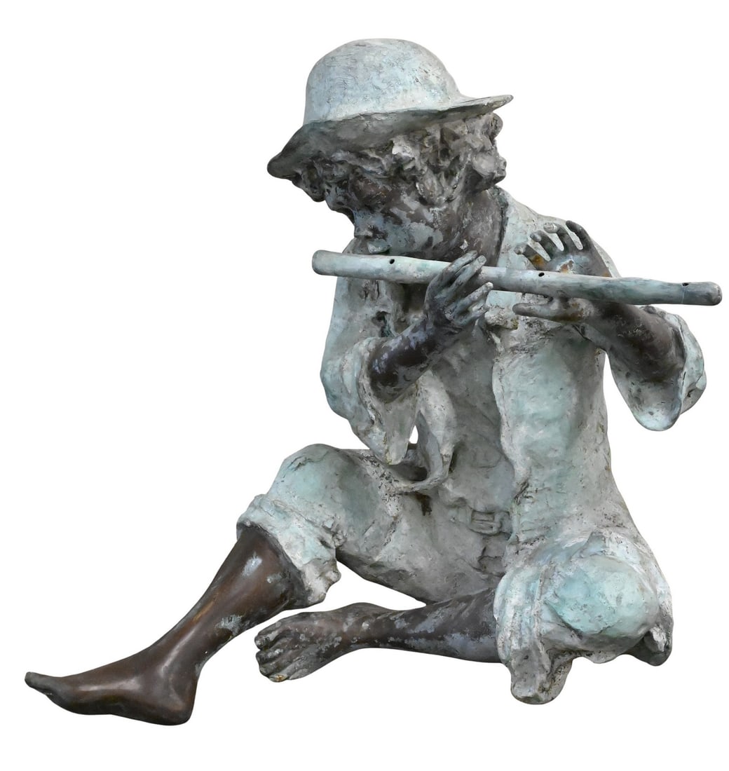 Bronze Outdoor Figure of a Young Boy Playing the Flute: Bronze Outdoor Figure of a Young Boy Playing the Flute height 26 inches, width 27 inches