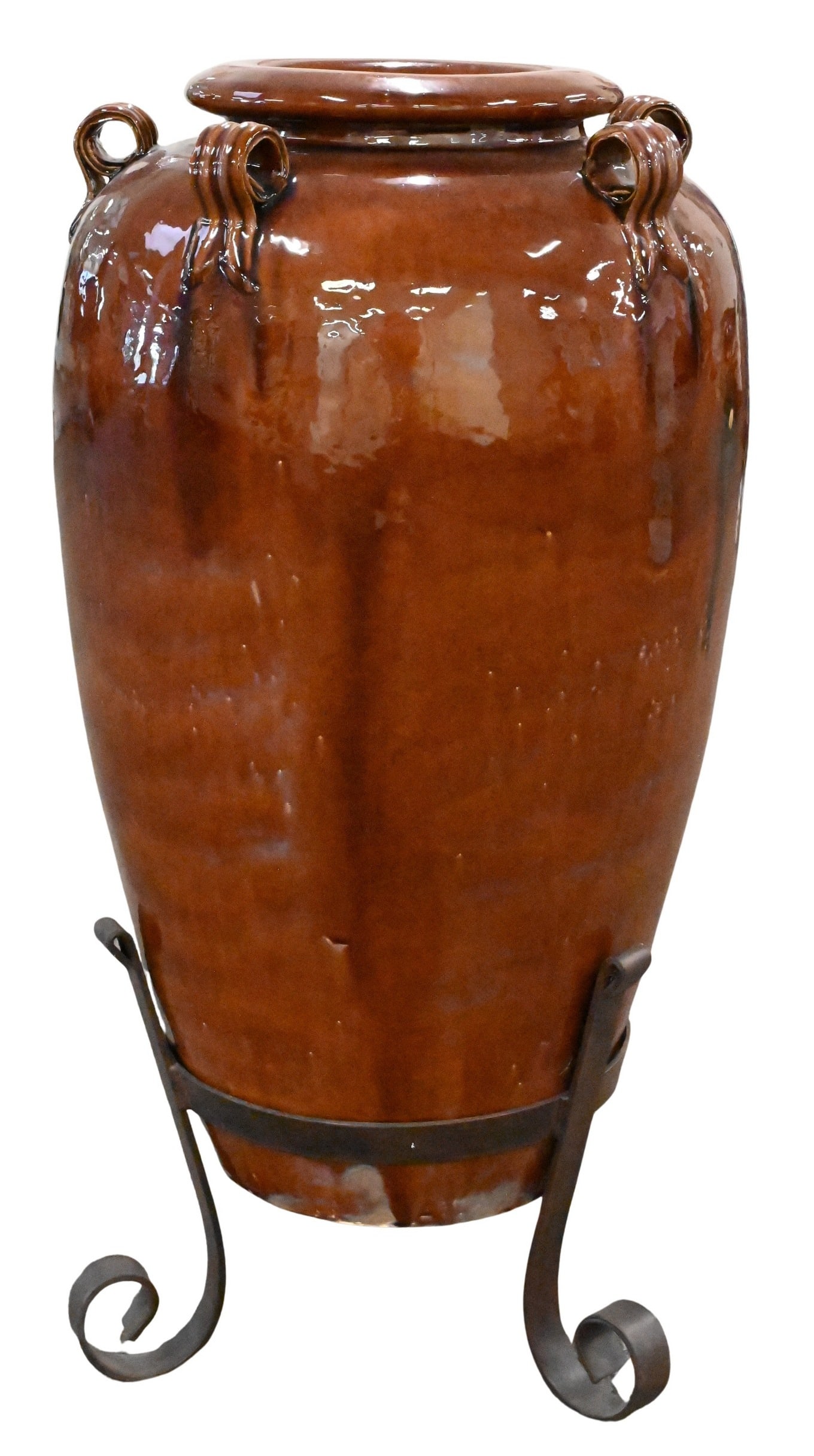Outdoor Glazed Urn: Outdoor Glazed Urn set on a metal base height 35 inches, diameter 16 inches