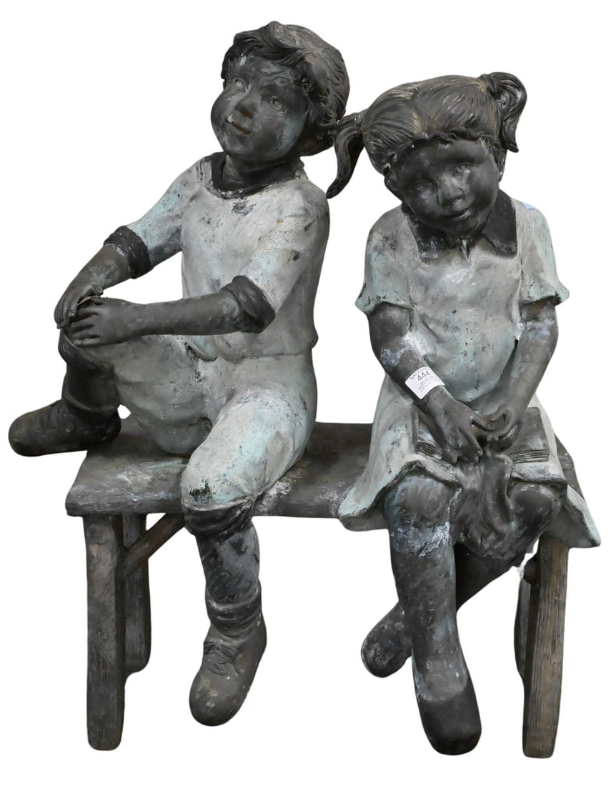 Bronze Outdoor Figure of a Young Boy and Girl Sitting on a Bench: Bronze Outdoor Figure of a Young Boy and Girl Sitting on a Bench height 29 inches, length 20 1/2 inches, depth 10 inches