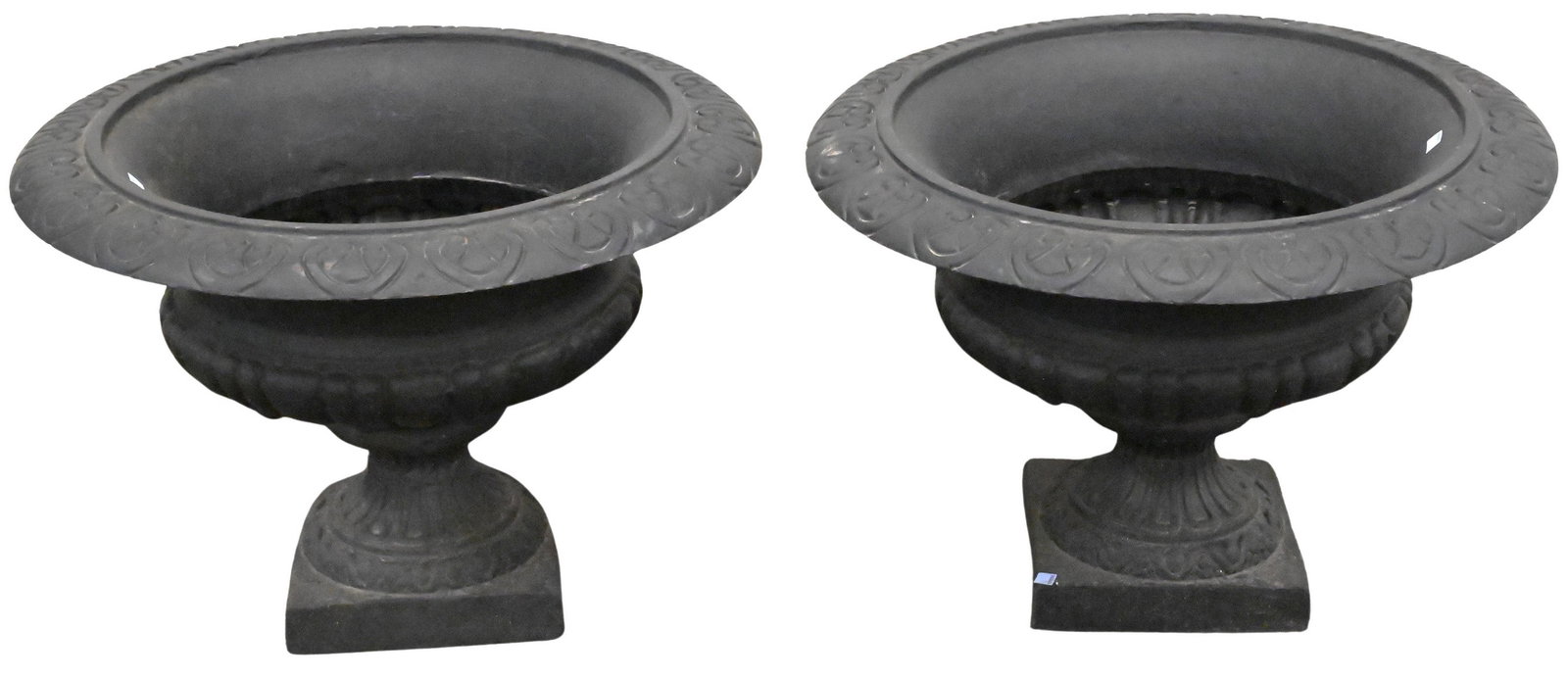 Pair of Outdoor Iron Planter / Urns: Pair of Outdoor Iron Planter / Urns each having flared rims height 17 inches, diameter 25 inches