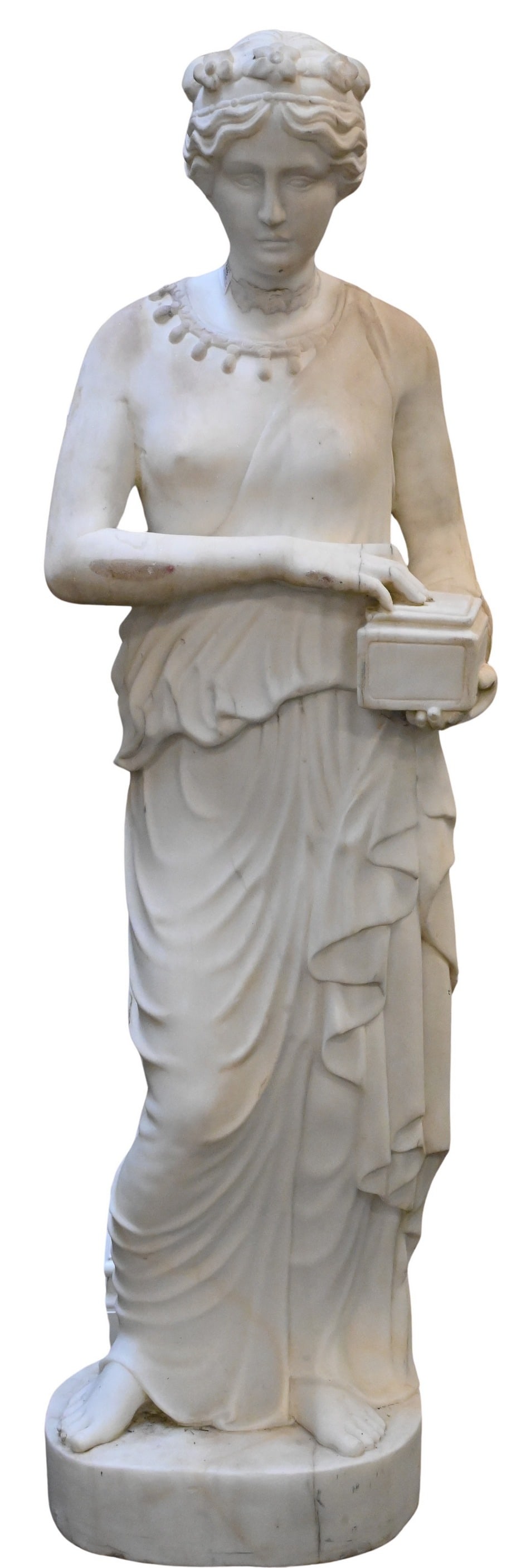 Neoclassical Carved Marble Figure: Neoclassical Carved Marble Figure depicting woman holding a box, repair to neck height 59 inches