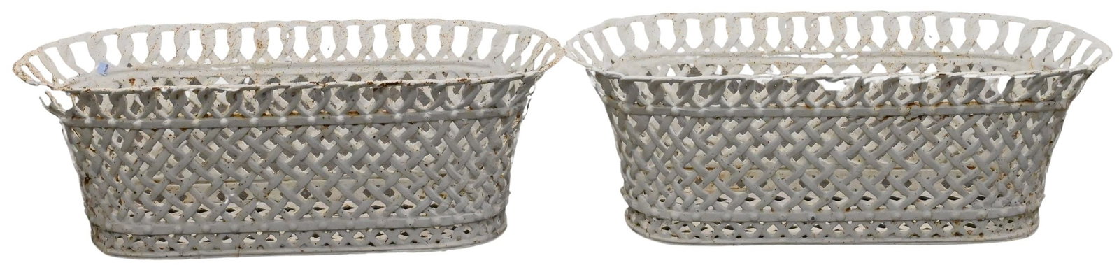 Pair of Victorian Cast Iron Outdoor Planters: Pair of Victorian Cast Iron Outdoor Planters having open basket weave pattern height 12 inches, width 34 inches