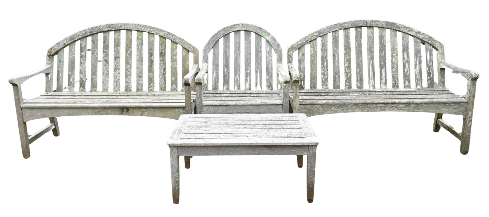 Four Piece Outdoor Teak Lot: Four Piece Outdoor Teak Lot to include two benches (one as is having break to top left), a matching armchair, and a coffee table bench length 54 inches