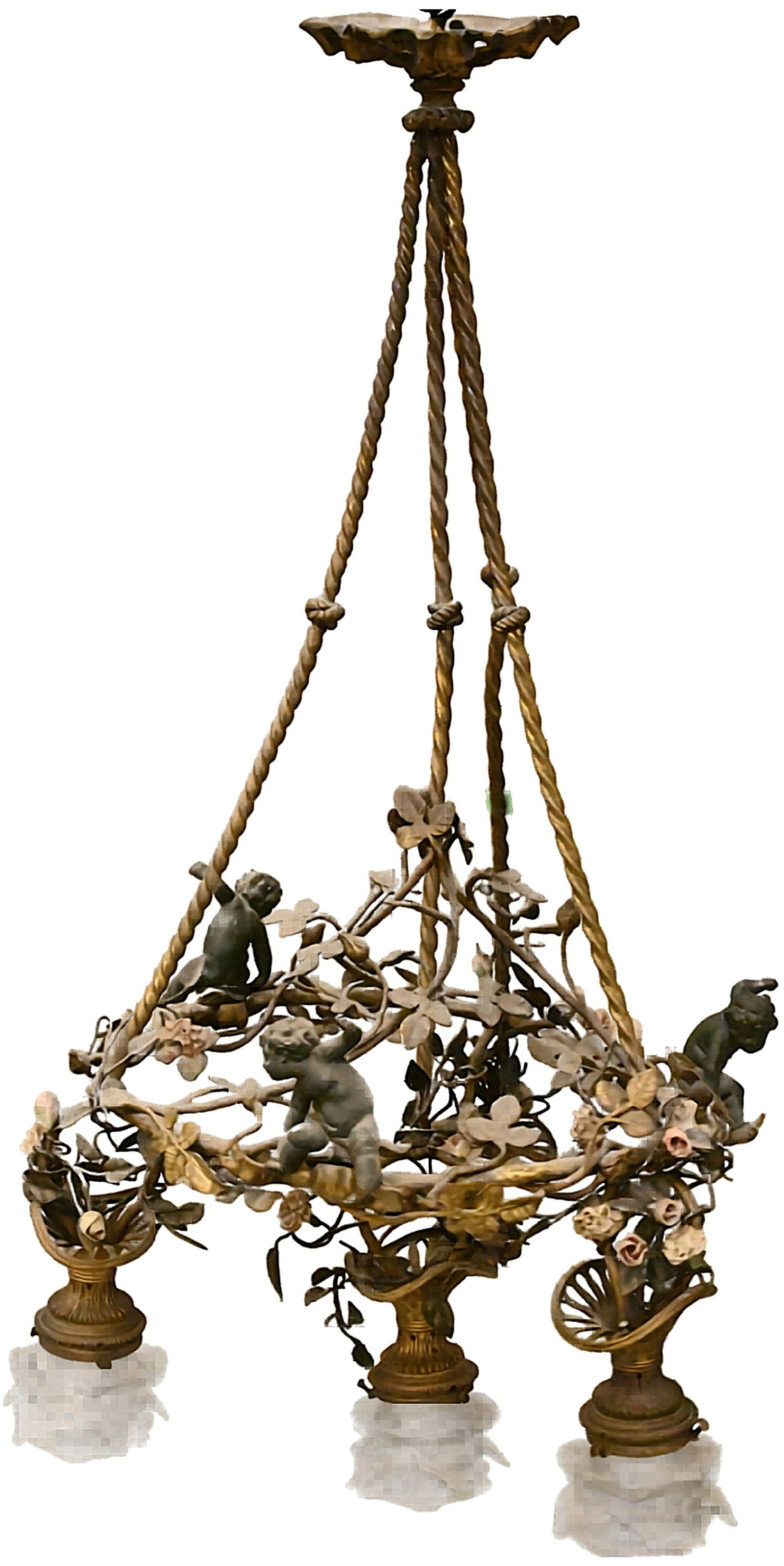 Italian Style Figural Putti Hanging Light: Italian Style Figural Putti Hanging Light having three patinated bronze flying putti amongst twisting vines ending in porcelain flowers over four lights having frosted rose petal shades approximate