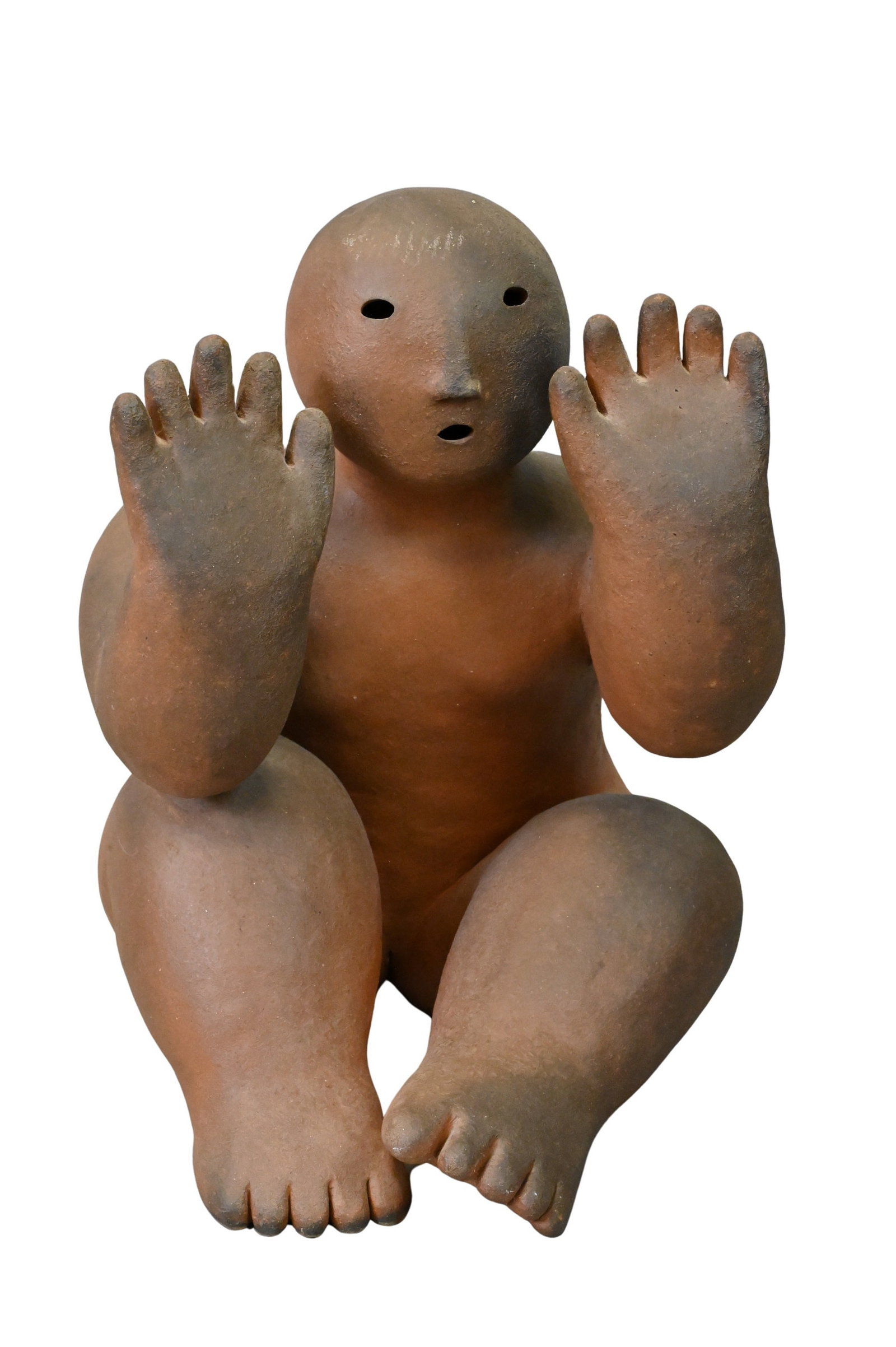 Joy Brown (Japanese/American B.1970): Joy Brown (Japanese/American B.1970) Seated Figure with Raised Hands Kiln fired ceramic sculpture Signed under foot Joy Height 14 1/2 inches