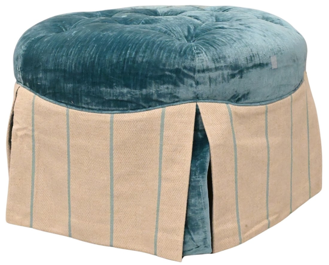 Custom Upholstered Ottoman Pouf: Custom Upholstered Ottoman Pouf blue tufted upholstery, stain to top height 17 inches, diameter 31 inches