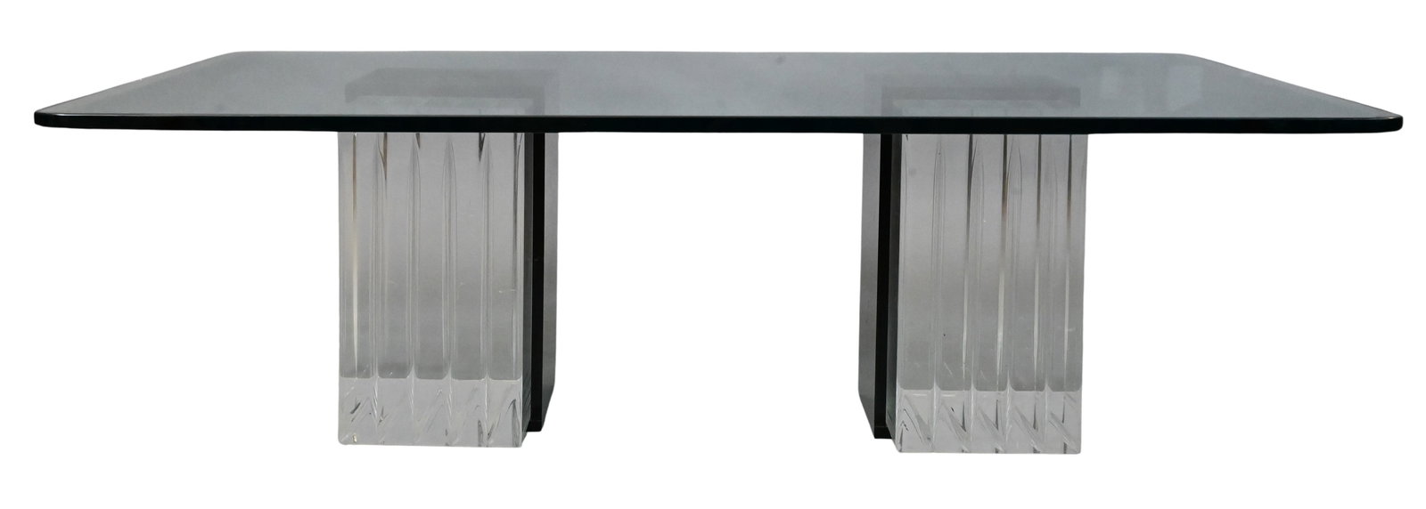 Steven Weiss Acrylic and Glass Top Coffee Table: Steven Weiss Acrylic and Glass Top Coffee Table having rectangular glass top set on two tone acrylic base signed "Steven Weiss" height 15 inches, top 43 1/2" x 48 1/2"