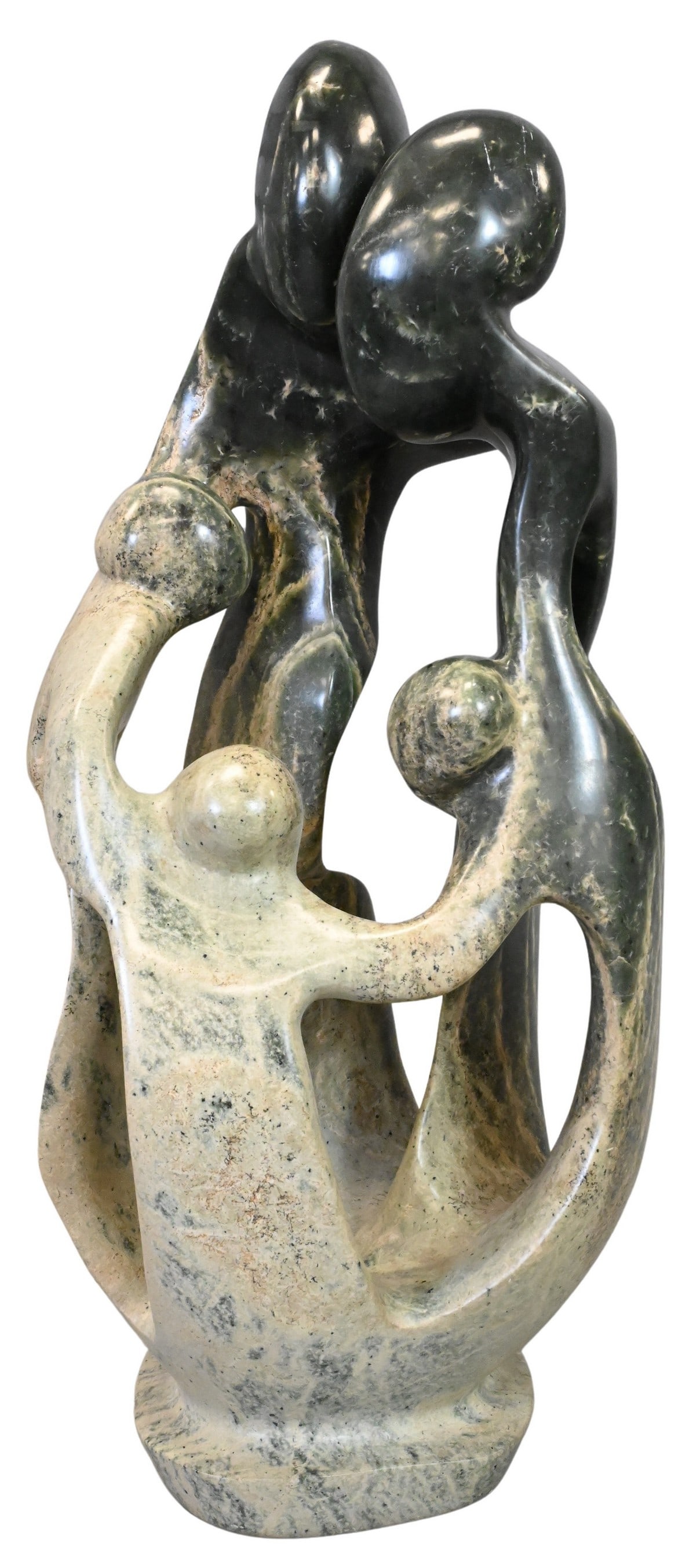 Mid-Century Shona Soapstone Family Sculpture: Mid-Century Shona Soapstone Family Sculpture carved green soapstone of a family group of five, likely Zimbabwe height 21 inches