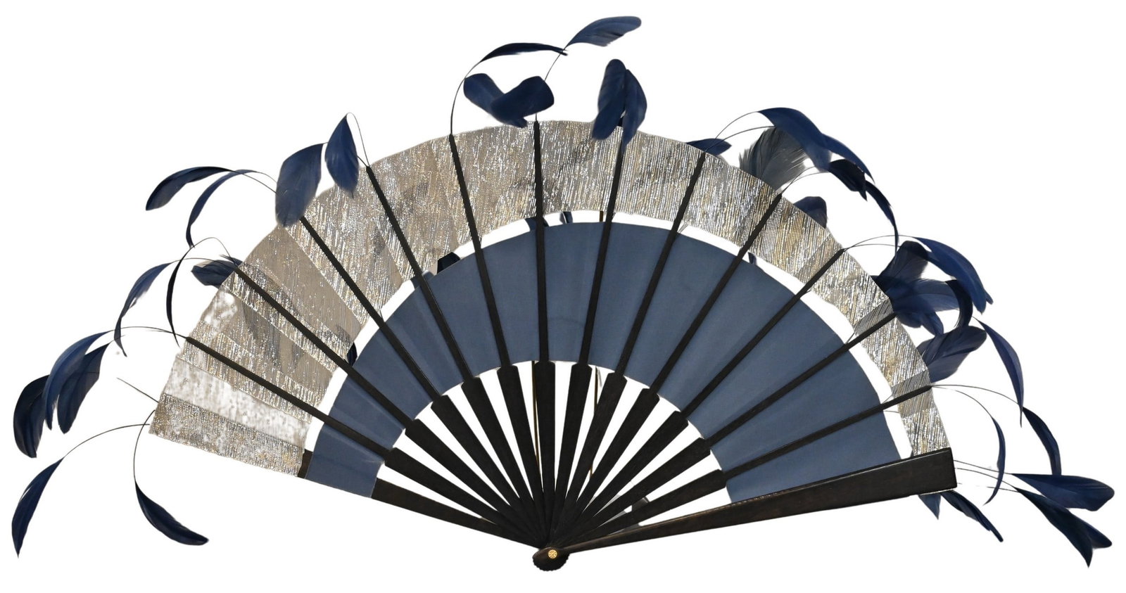 Duvelleroy Luxury Cabriolet Fan: Duvelleroy Luxury Cabriolet Fan Convertible fan having a midnight blue silk and silver lurex leaf, surmounted by a cloud of midnight blue rooster feather tassels, set on an ebony frame length open 18