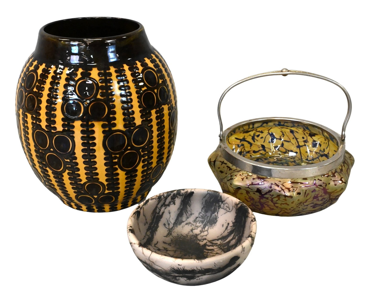 Three Studio Pottery and Glass Vessels: Three Studio Pottery and Glass Vessels to include a vase having a yellow ground with black applied geometric decoration, John Hardy Gaya jewelry tray ceramic bowl dish, along with Wilhelm Kralik Bohem