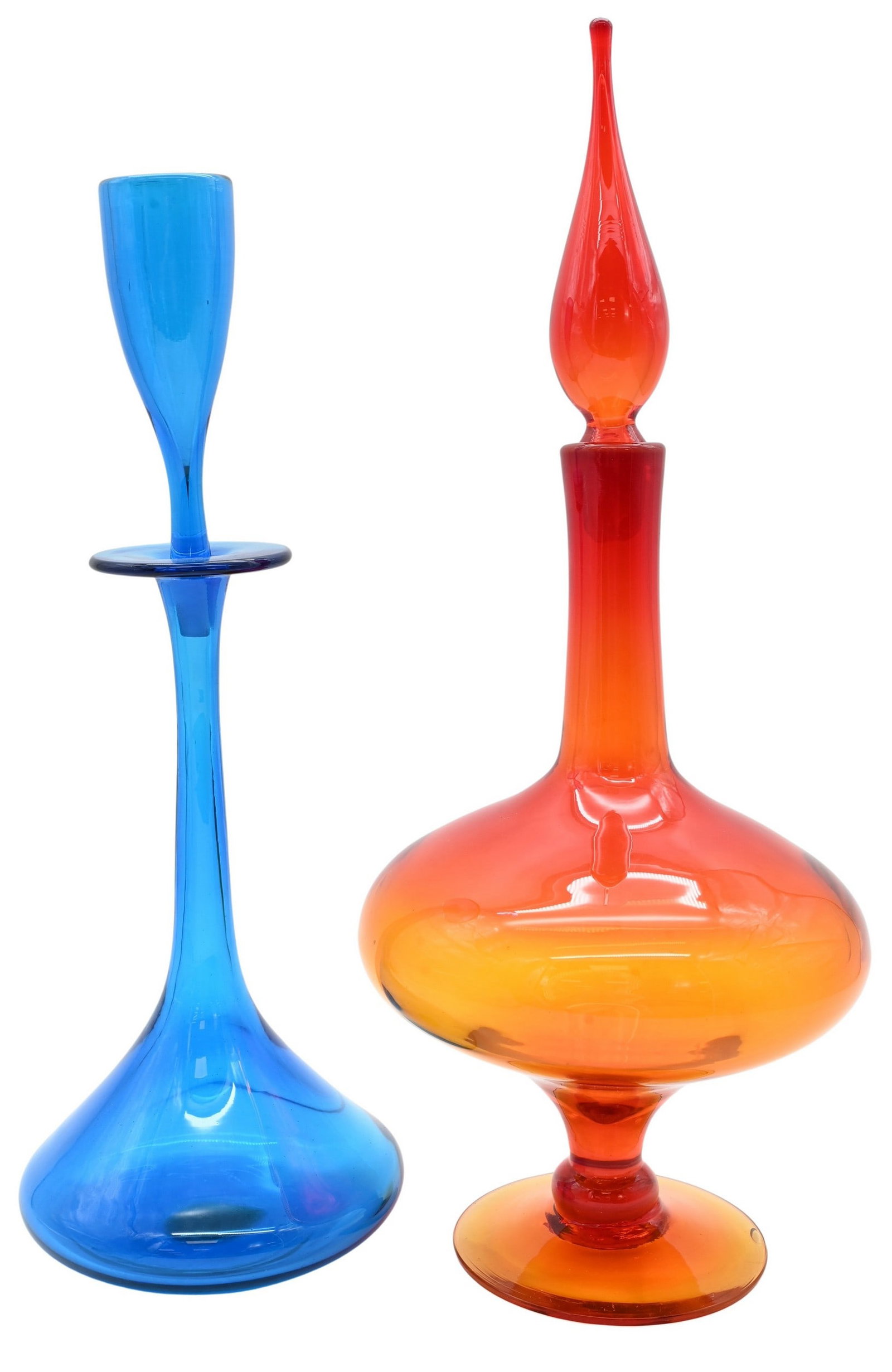 Two Wayne Husted for Blenko Glass Decanters: Two Wayne Husted for Blenko Glass Decanters shot glass decanter in turquoise blue, circa 1960s, height 16 inches, along with tangerine amberina footed decanter, height 18 1/2 inches