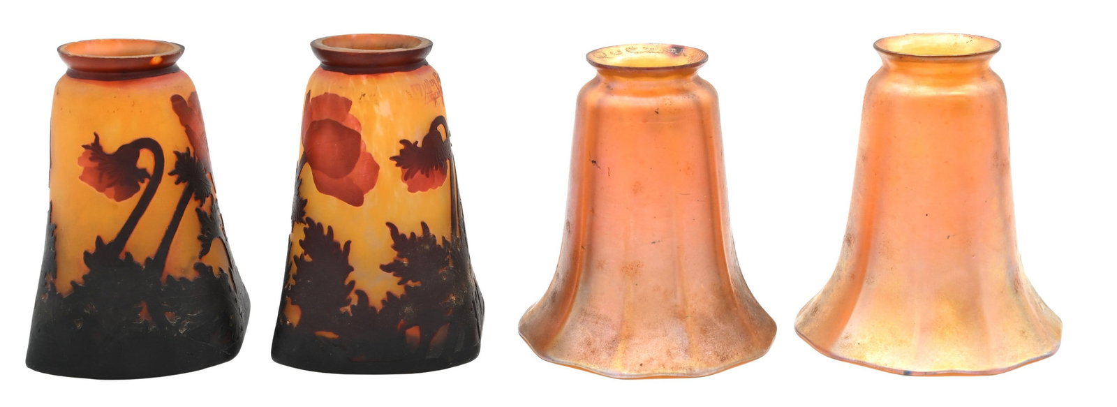 Two Pairs of Art Glass Shades: Two Pairs of Art Glass Shades to include pair of Art Nouveau Muller Fres Luneville cameo "Anemones" lamp shades along with a pair of Quezal iridescent gold shades both heights 5 3/4 inches