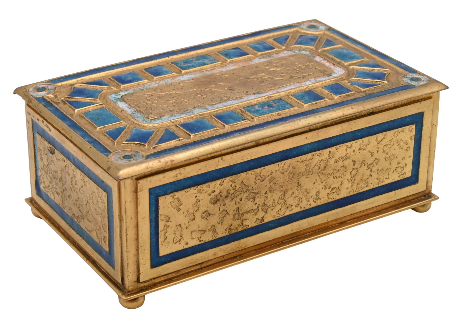 Louis C. Tiffany Furnaces Art Deco Cigarette Box: Louis C. Tiffany Furnaces Art Deco Cigarette Box gilt bronze cigarette box decorated in turquoise blue enamel in geometric shapes, marked to underside Louis C. Tiffany Furnaces Inc. 350 height 2 1/4 i