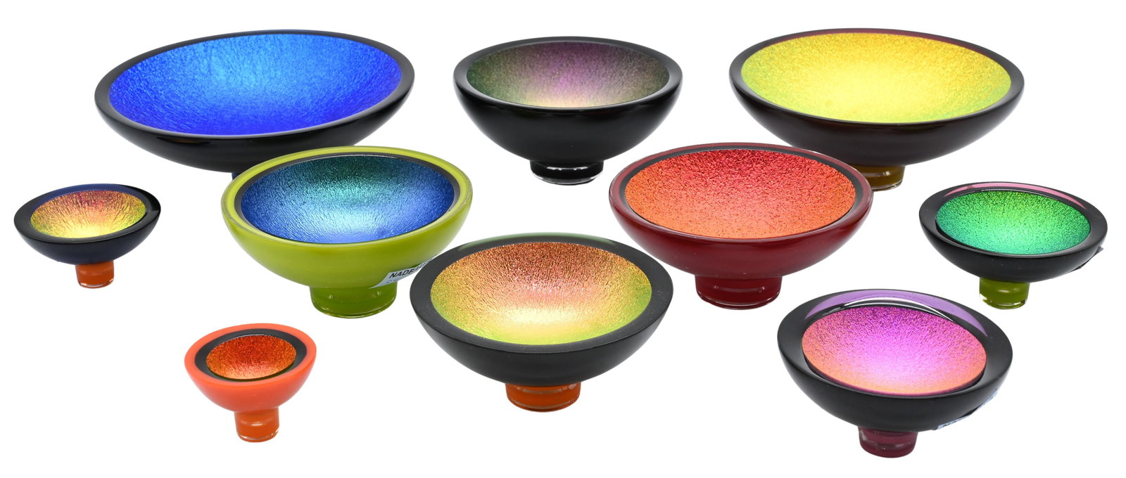 Ten: Jo Ludwig (Canadian 20th/21st Century): Ten: Jo Ludwig (Canadian 20th/21st Century) "TOBs", or "Things of Beauty" Fused dichroic glass bowls featuring vibrant polychrome iridescent interiors and textured surfaces, some having contrasting