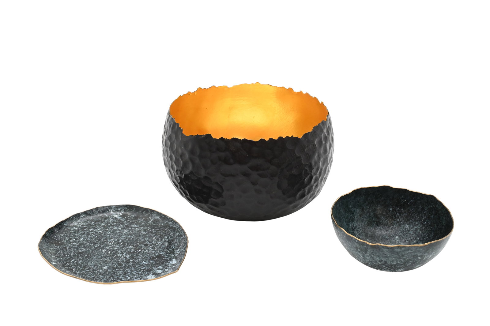 Three Piece Bronze Vessel Group: Three Piece Bronze Vessel Group to include Alexander Lamont Hammered Bowl Textured bronze globe lined in gold leaf, signed to underside height 3 1/4 inches, diameter 4 3/4 inches Sara Thompson