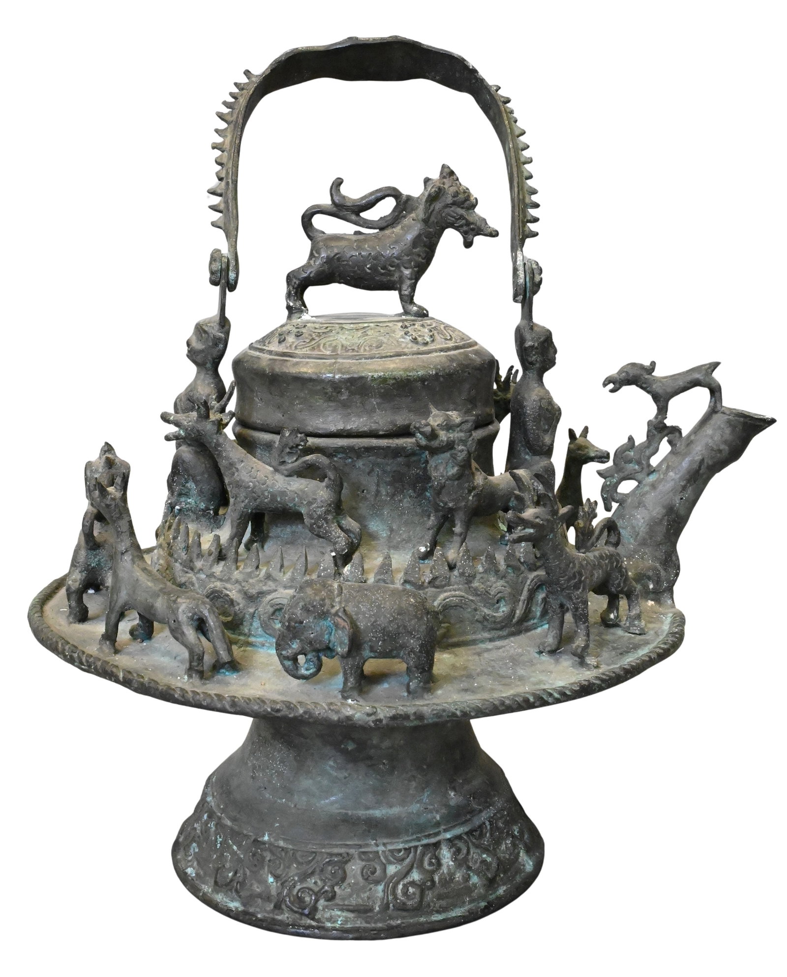 Southeast Asian Borneo Bronze Ritual Kettle: Southeast Asian Borneo Bronze Ritual Kettle Heavy cast vessel featuring bands of applied animals including deer, dogs, dragons, elephants and mythical creatures, along with guardian figures, the