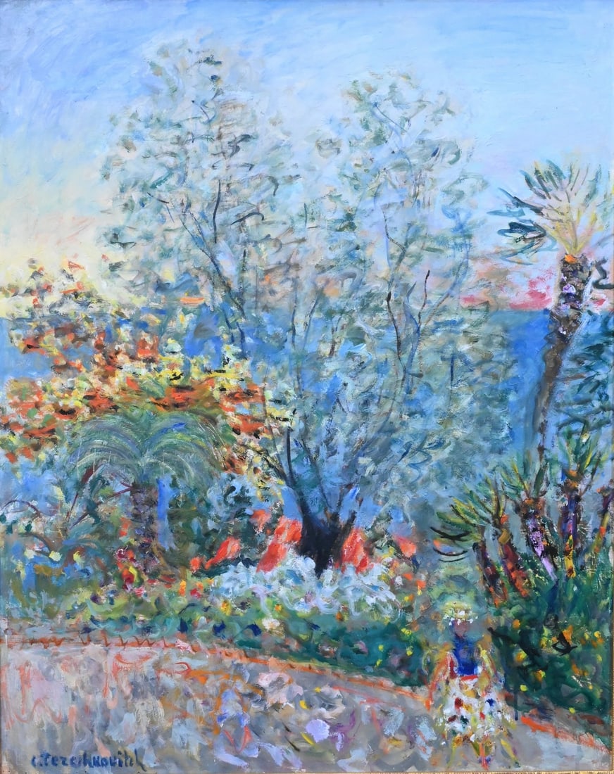 Constantin Terechkovitch (Russian/French 1902-1978): Constantin Terechkovitch (Russian/French 1902-1978) Cape Martin Garden Landscape Vibrant Impressionist composition depicting a sunlit garden with flowering trees, lush greenery, and vivid blossoms in