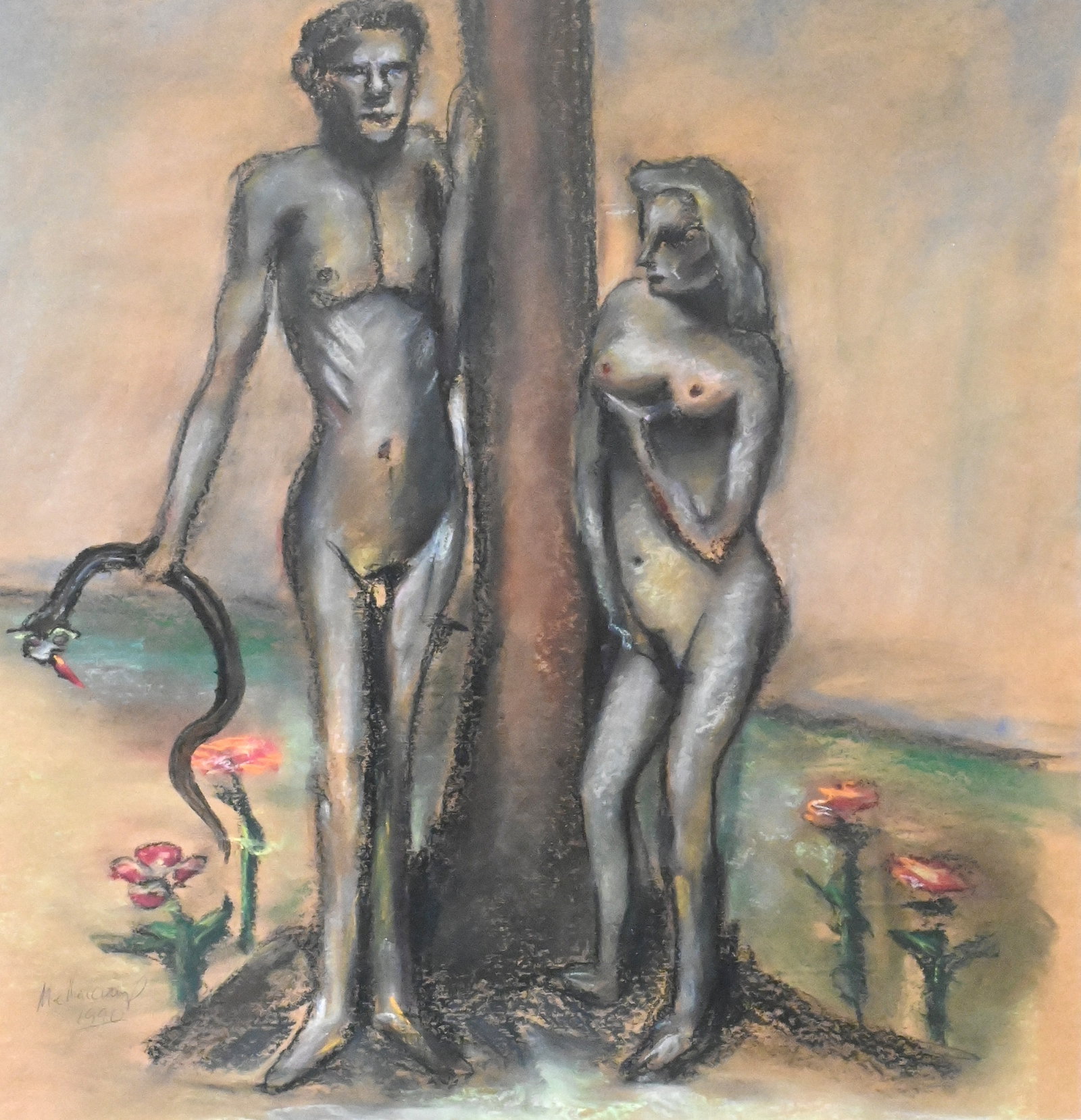John Mellencamp (American B.1951): John Mellencamp (American B.1951) "Adam and Eve", 1990 Pastel on paper, Composition depicting a male and female figure flanking a tree, the male holding a serpent, rendered in a muted palette with